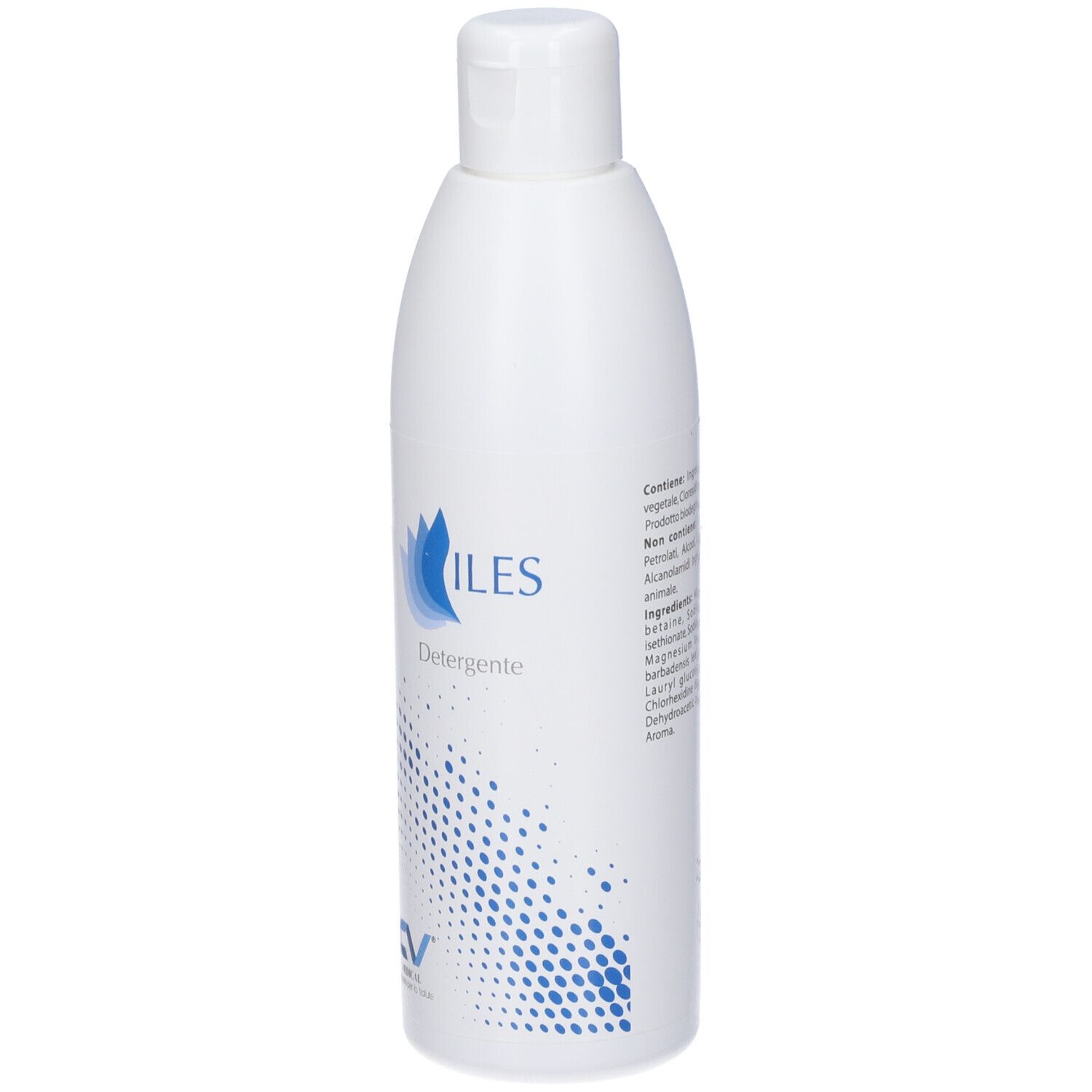 Flacone bianco con tappo a ribalta. Scritta ILES Detergente e punti blu. Logo CV Medical.