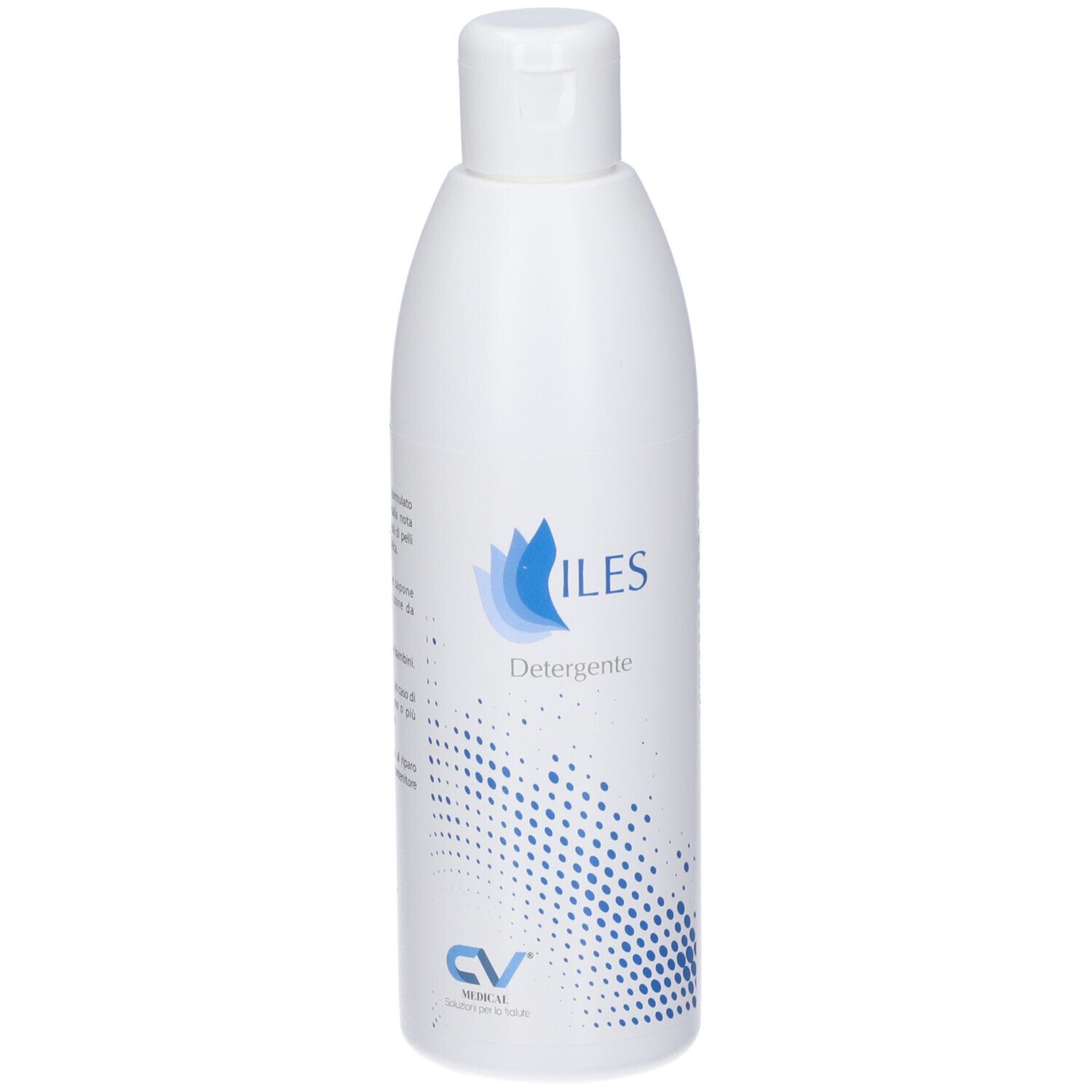 Flacone bianco con tappo a ribalta. Scritta ILES Detergente e punti blu. Logo CV Medical.