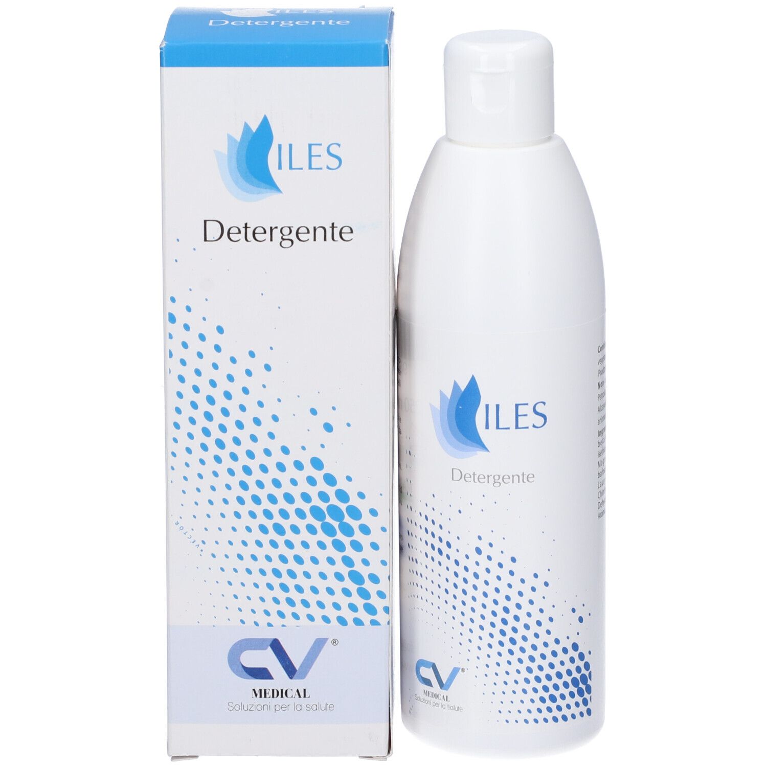 Flacone bianco e scatola. Scritta ILES Detergente e punti blu. Logo CV Medical.