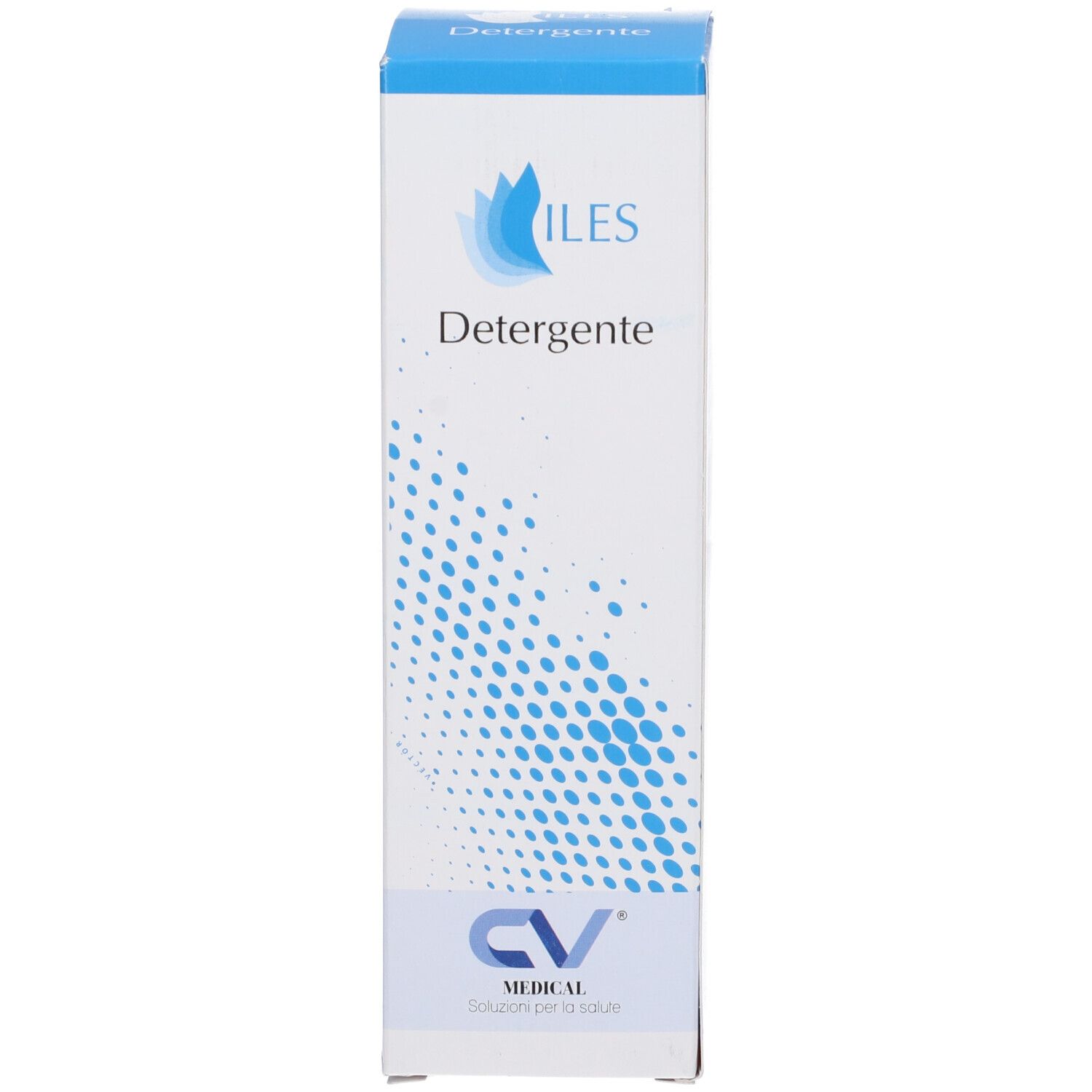 Scatola con scritta ILES Detergente e logo blu. Logo CV Medical.