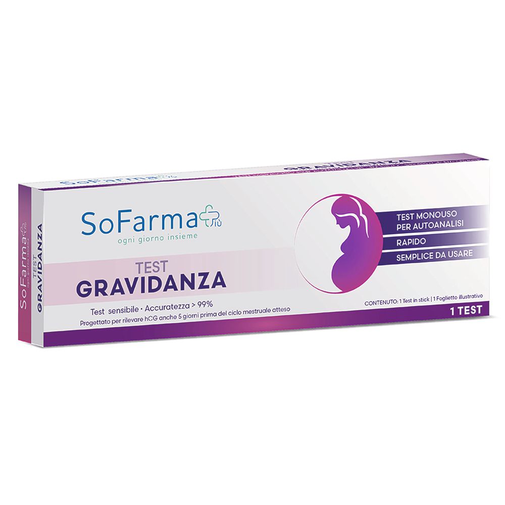 Confezione test di gravidanza. Bianca, viola e rosa. Marchio: Sofarma. Testo: Test Gravidanza.