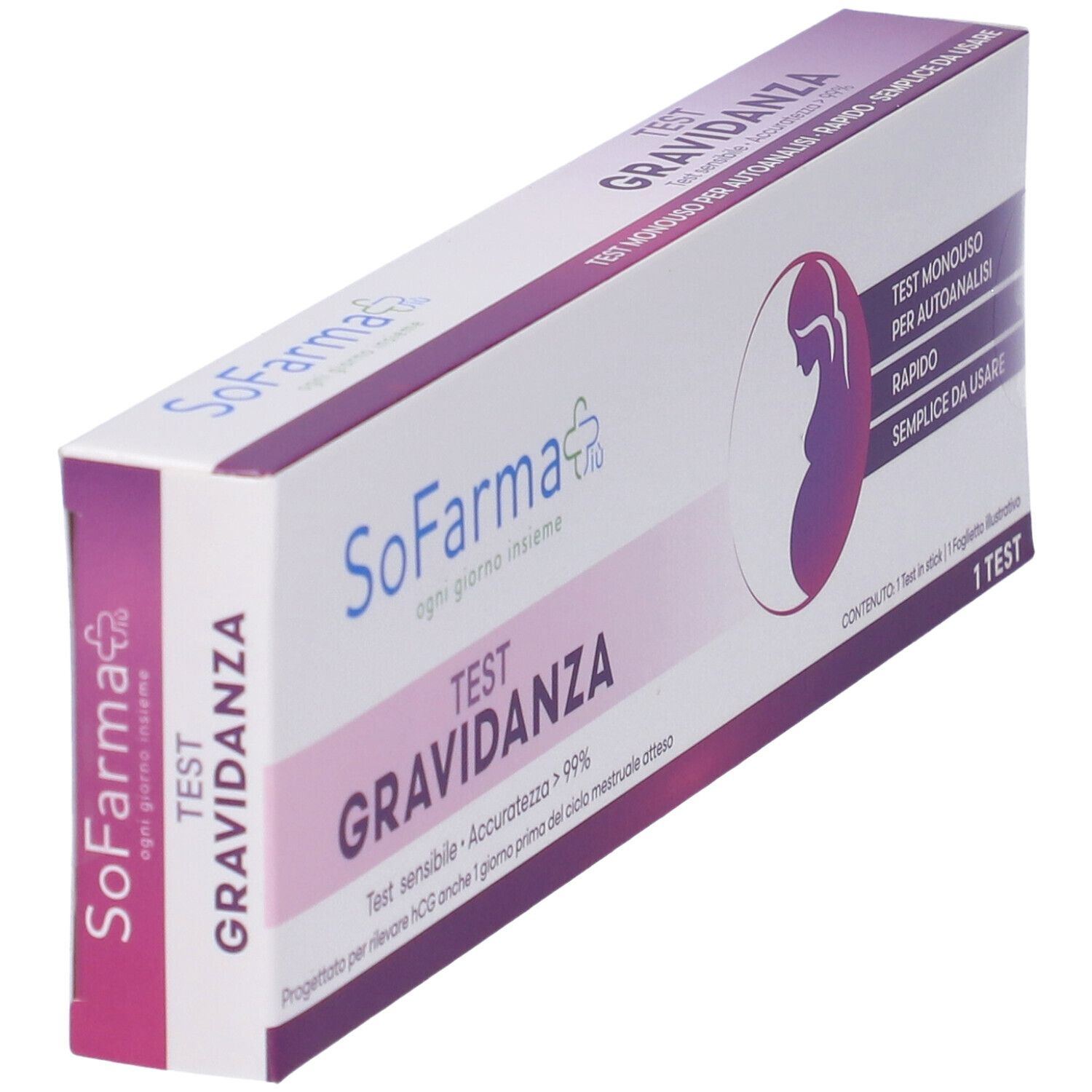 Confezione test di gravidanza. Bianca, viola e rosa. Marchio: Sofarma. Testo: Test Gravidanza.