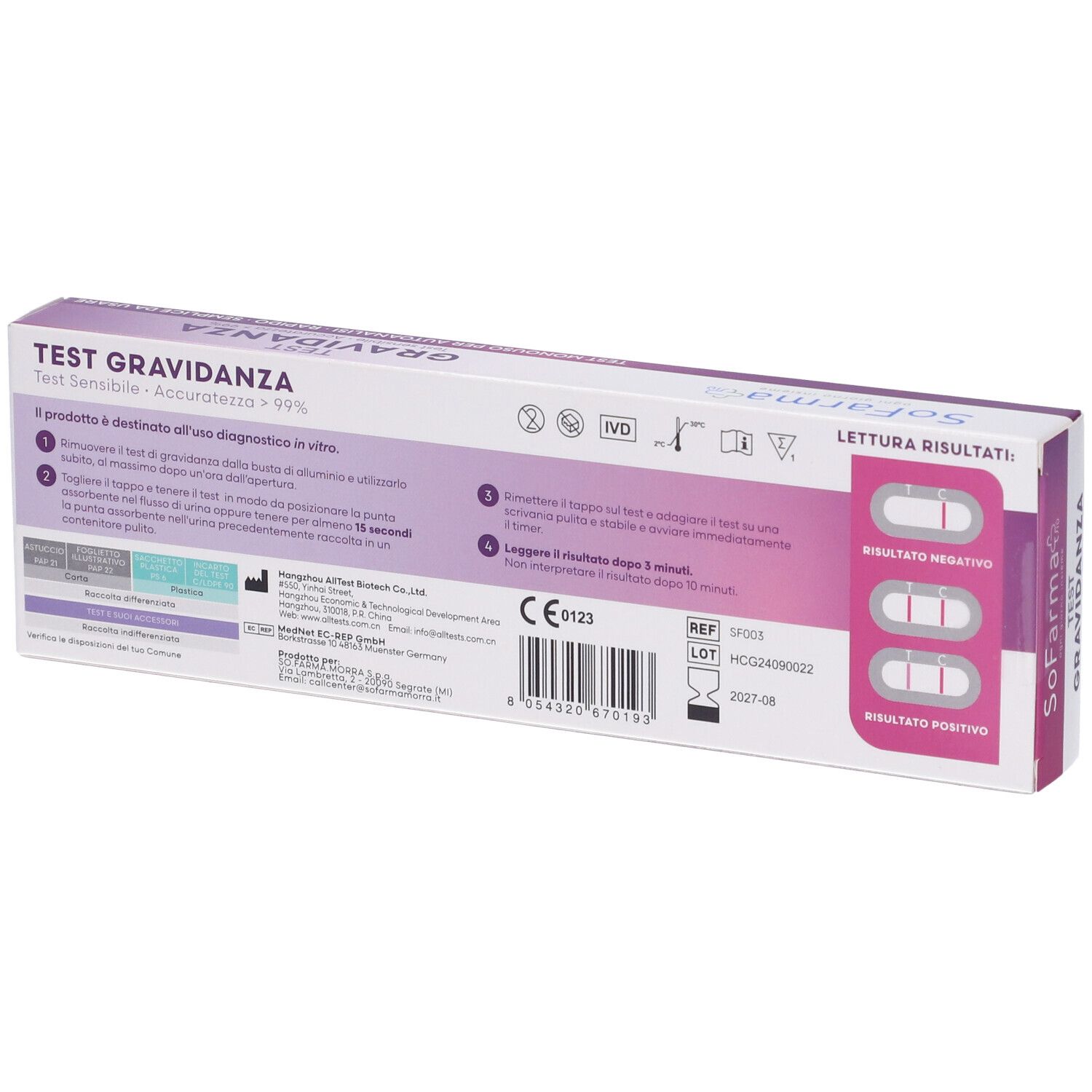Retro della confezione del test di gravidanza. Testo e diagrammi. Marchio: Sofarma. Risultati.