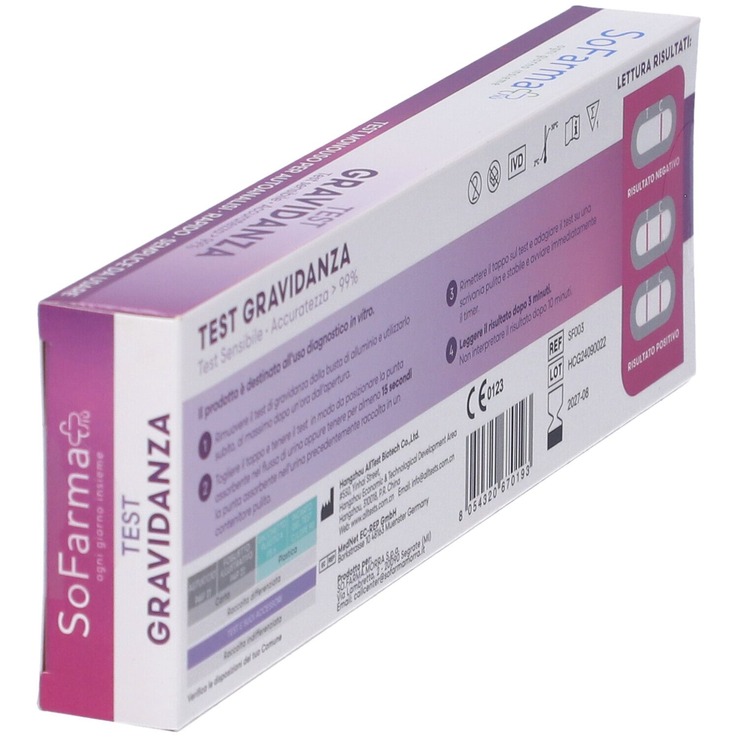 Retro della confezione del test di gravidanza. Testo e diagrammi. Marchio: Sofarma. Risultati.
