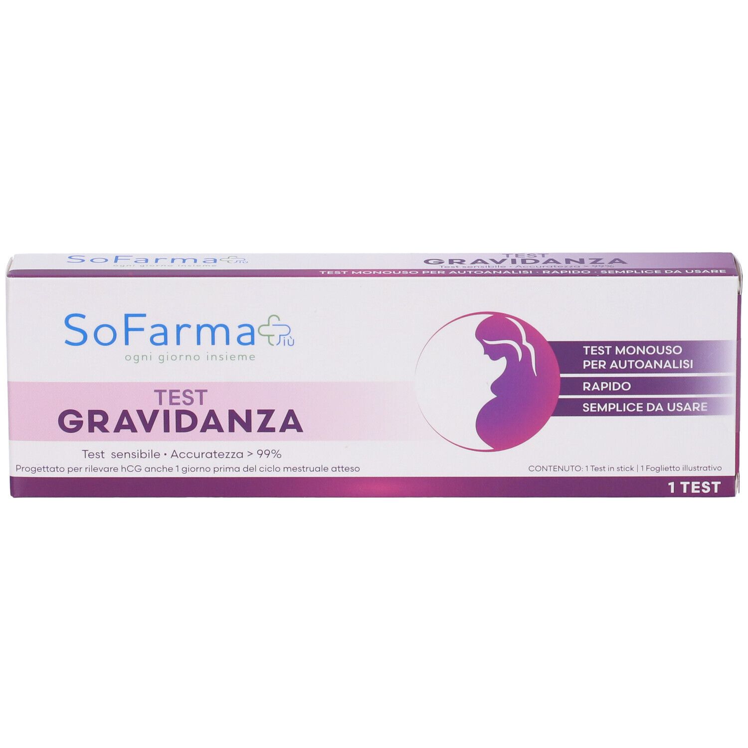 Confezione test di gravidanza. Bianca, viola e rosa. Marchio: Sofarma. Testo: Test Gravidanza.