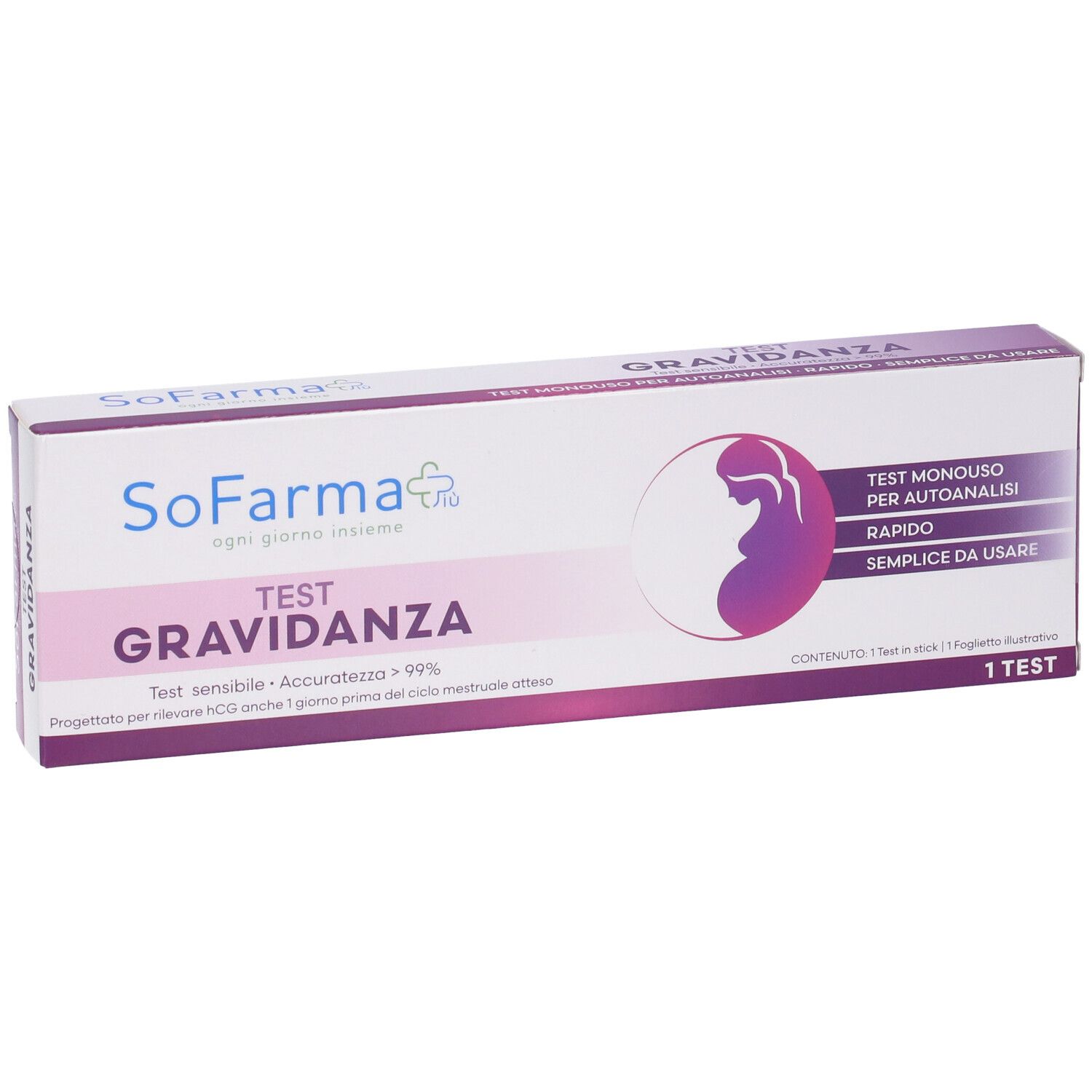 Confezione test di gravidanza. Bianca, viola e rosa. Marchio: Sofarma. Testo: Test Gravidanza.