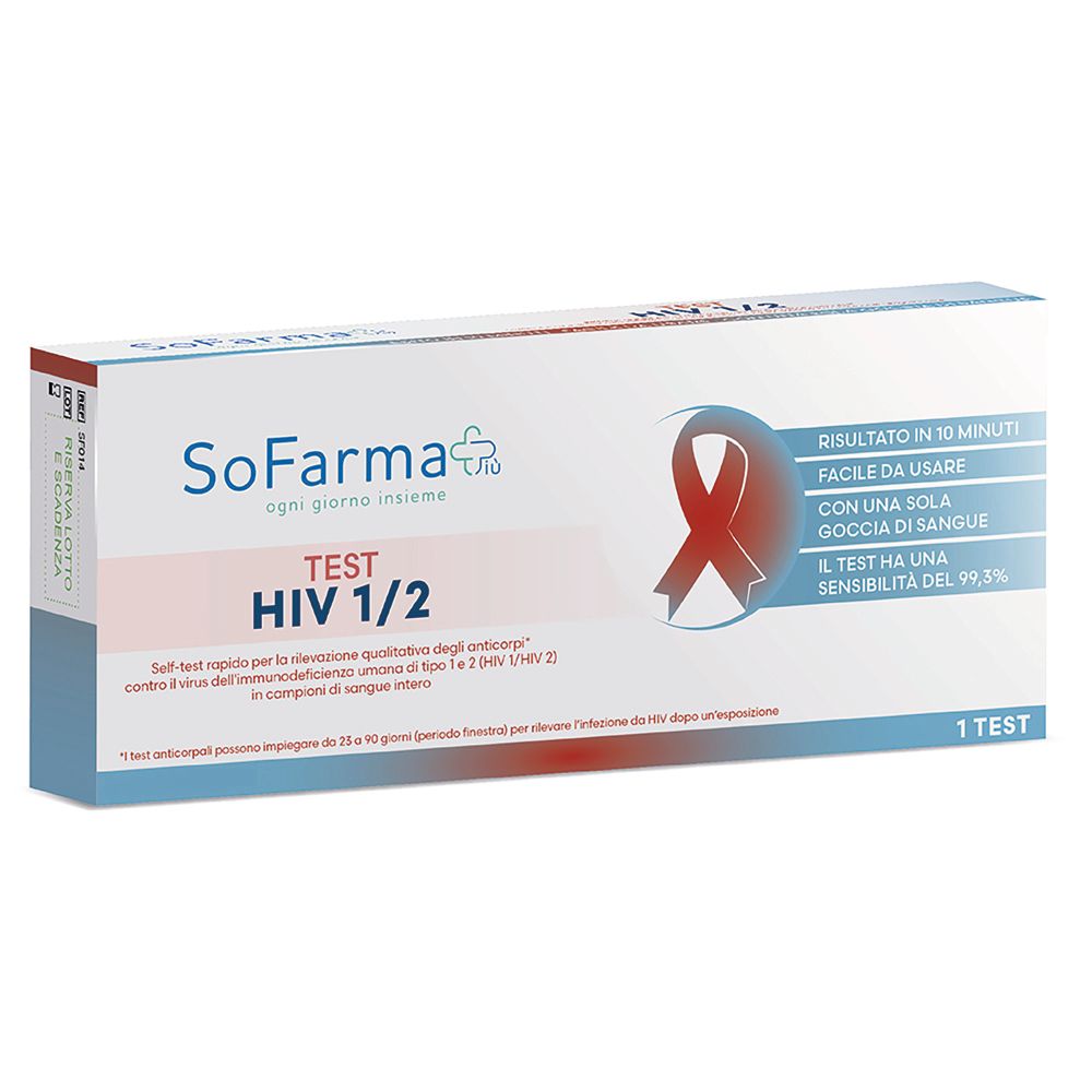 Scatola test Sofarmapiu' HIV 1/2. Presenti: logo, nome test, nastro rosso, testo in italiano.