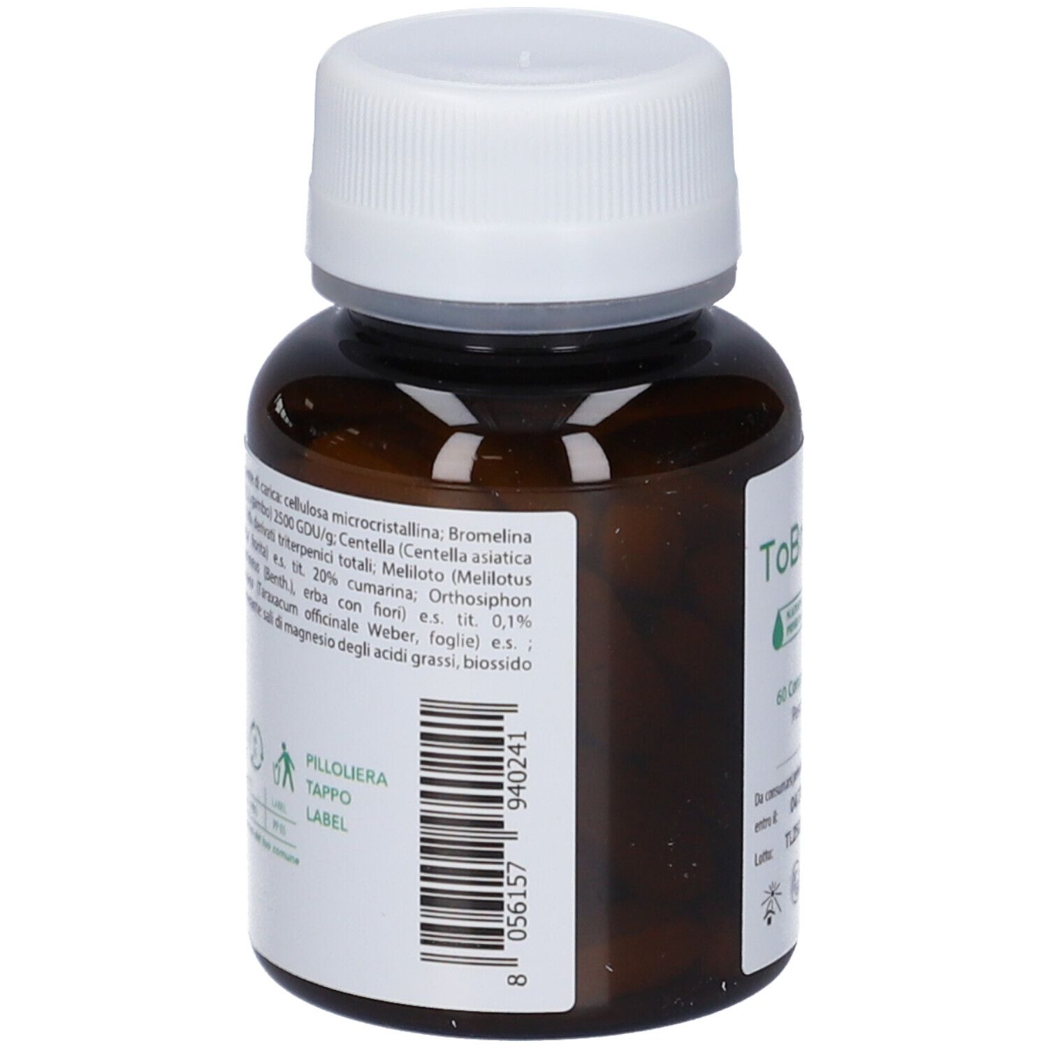 Retro del flacone di vetro marrone con tappo bianco. Etichetta con ingredienti e codice a barre.