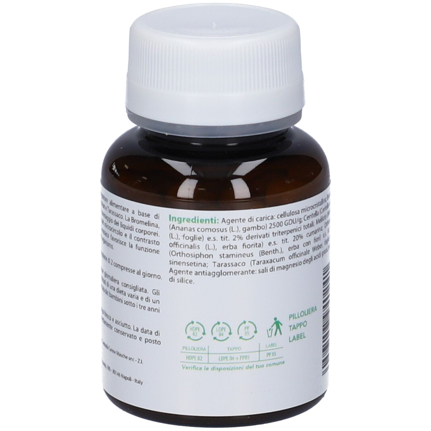 Retro del flacone di vetro marrone con tappo bianco. Etichetta con ingredienti e simboli di riciclaggio.