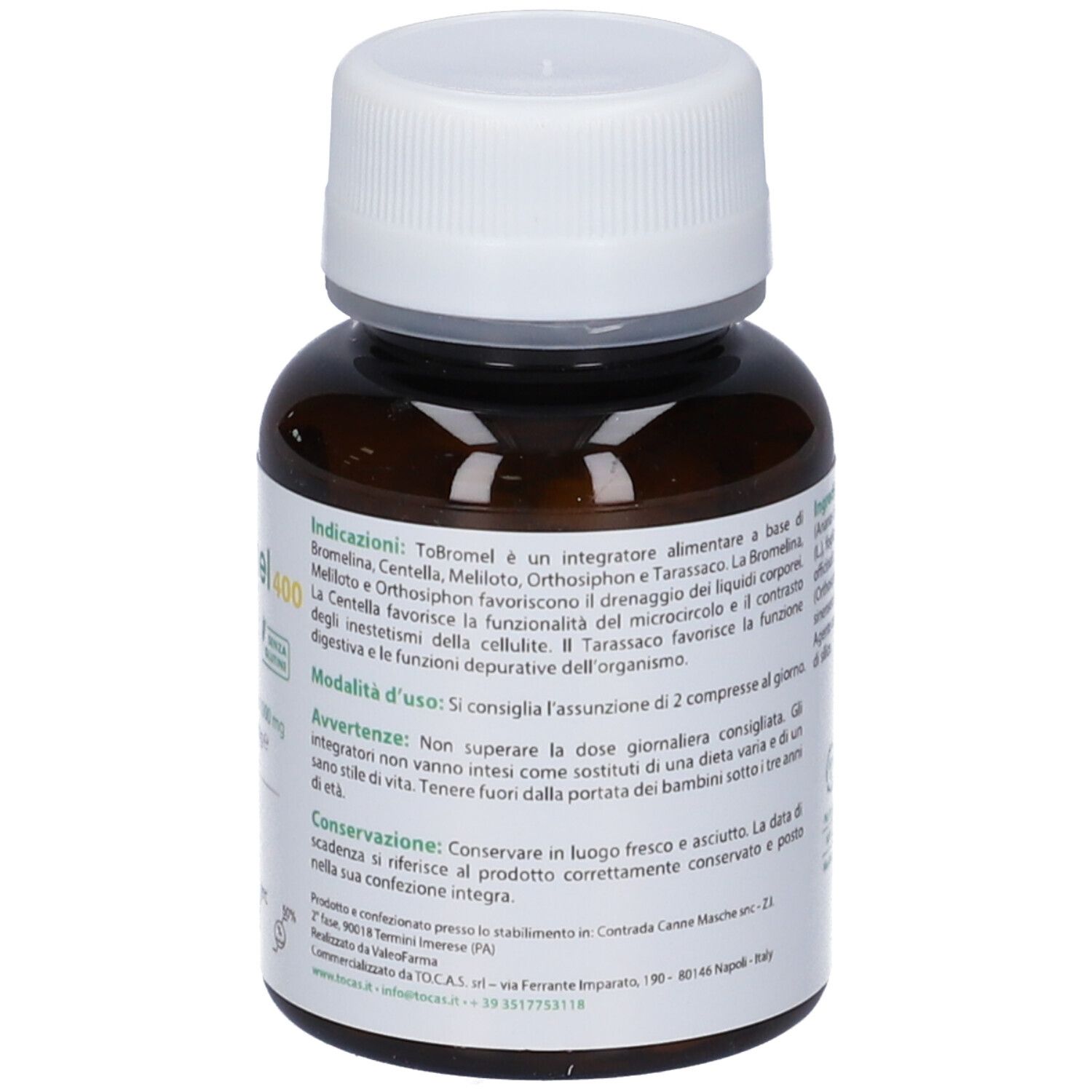 Flacone di vetro marrone con tappo bianco. Etichetta con istruzioni per l'uso e avvertenze.