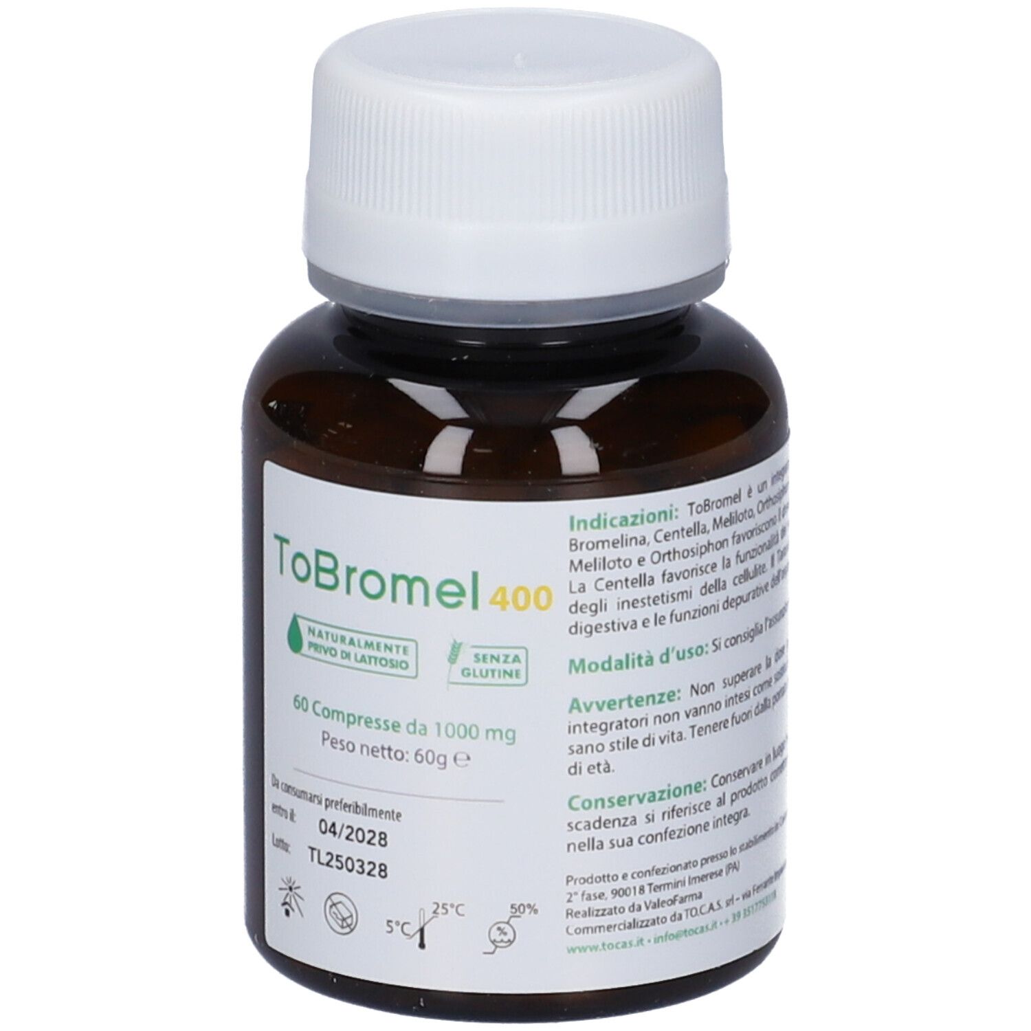 Flacone di vetro marrone con tappo bianco. Etichetta con nome del prodotto, ingredienti e informazioni.