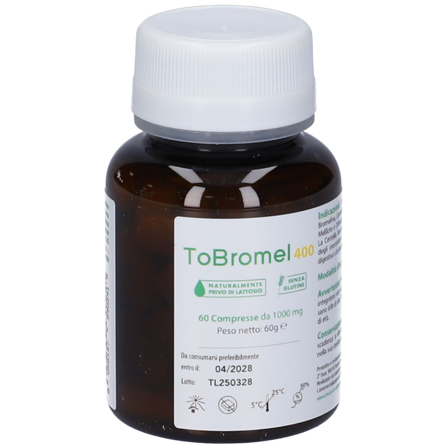 Flacone di vetro marrone con tappo bianco. Etichetta con nome del prodotto, ingredienti e informazioni.