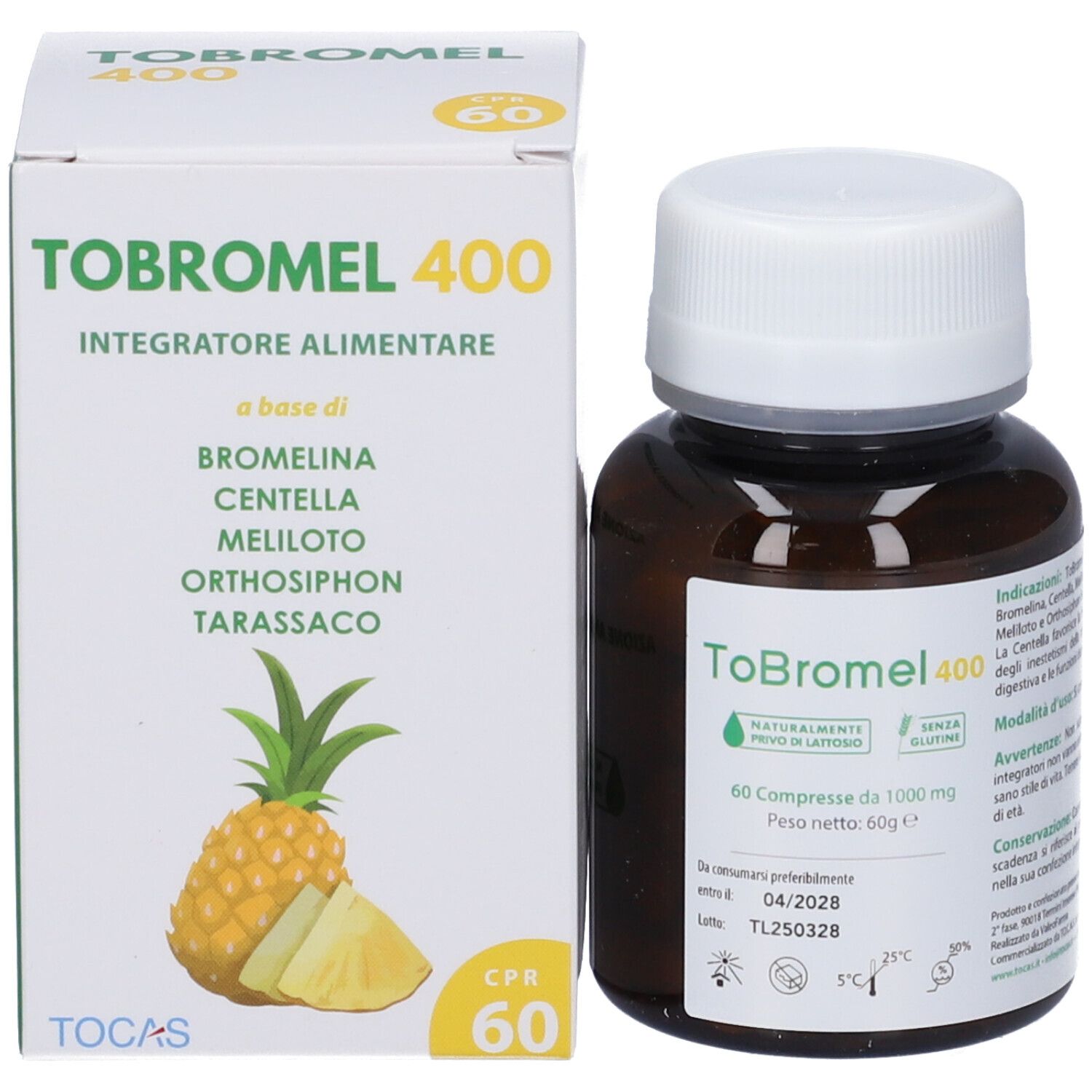 Flacone e scatola del prodotto. Scatola con nome del prodotto e illustrazione di ananas.