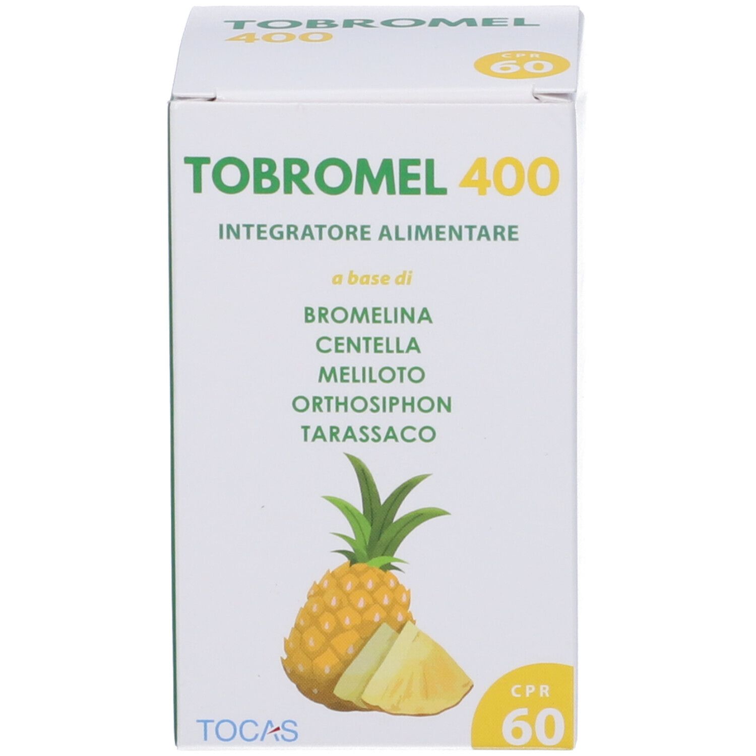 Confezione del prodotto. Scatola con nome del prodotto, ingredienti e illustrazione di ananas.