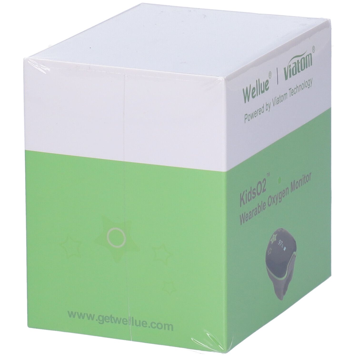 Confezione: Scatola bianca con campo verde. Testo: Wellue, Viatom, KidsO2, Wearable Oxygen Monitor. Indirizzo del sito web.