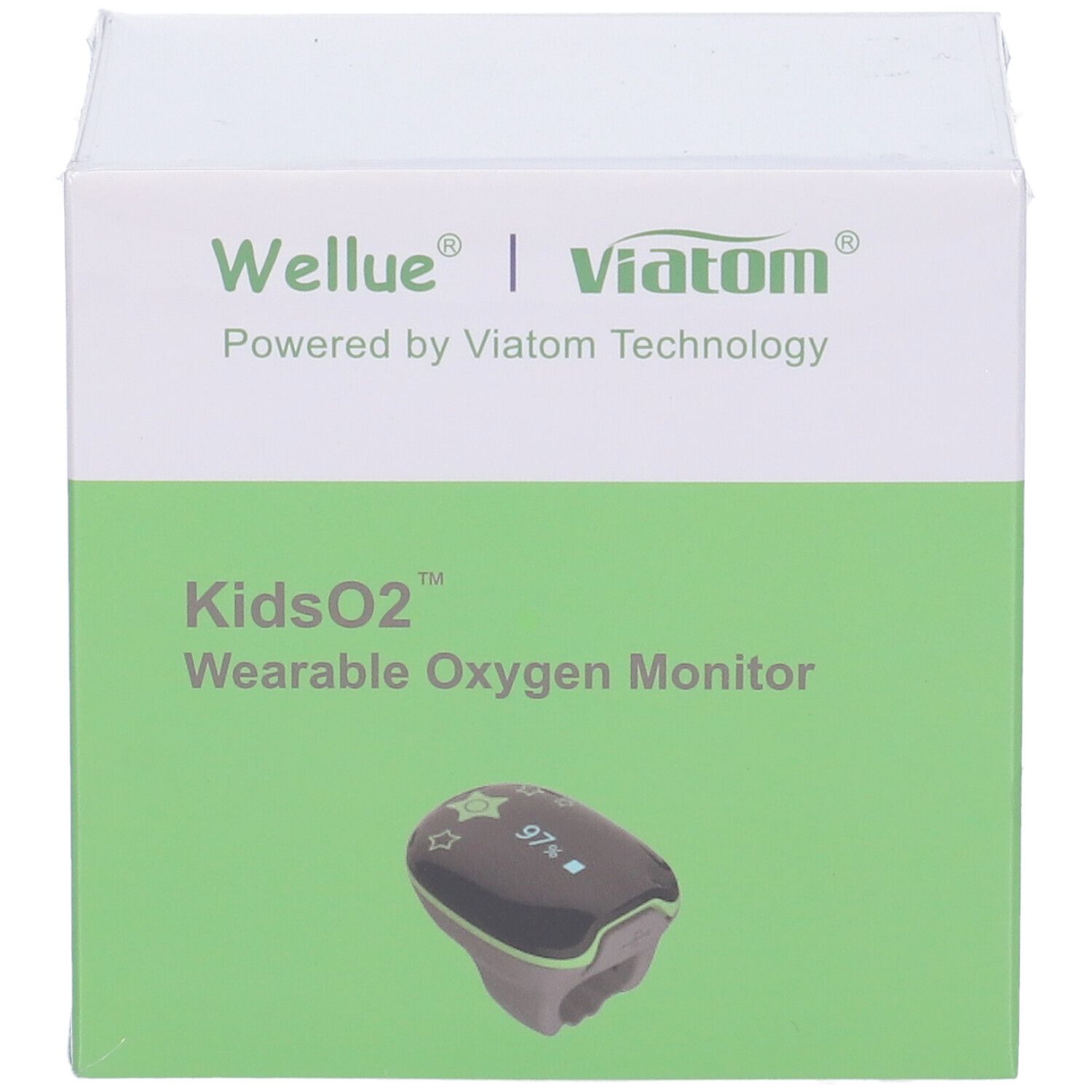 Confezione: Scatola bianca con campo verde. Testo: Wellue, Viatom, KidsO2, Wearable Oxygen Monitor. Monitor illustrato.