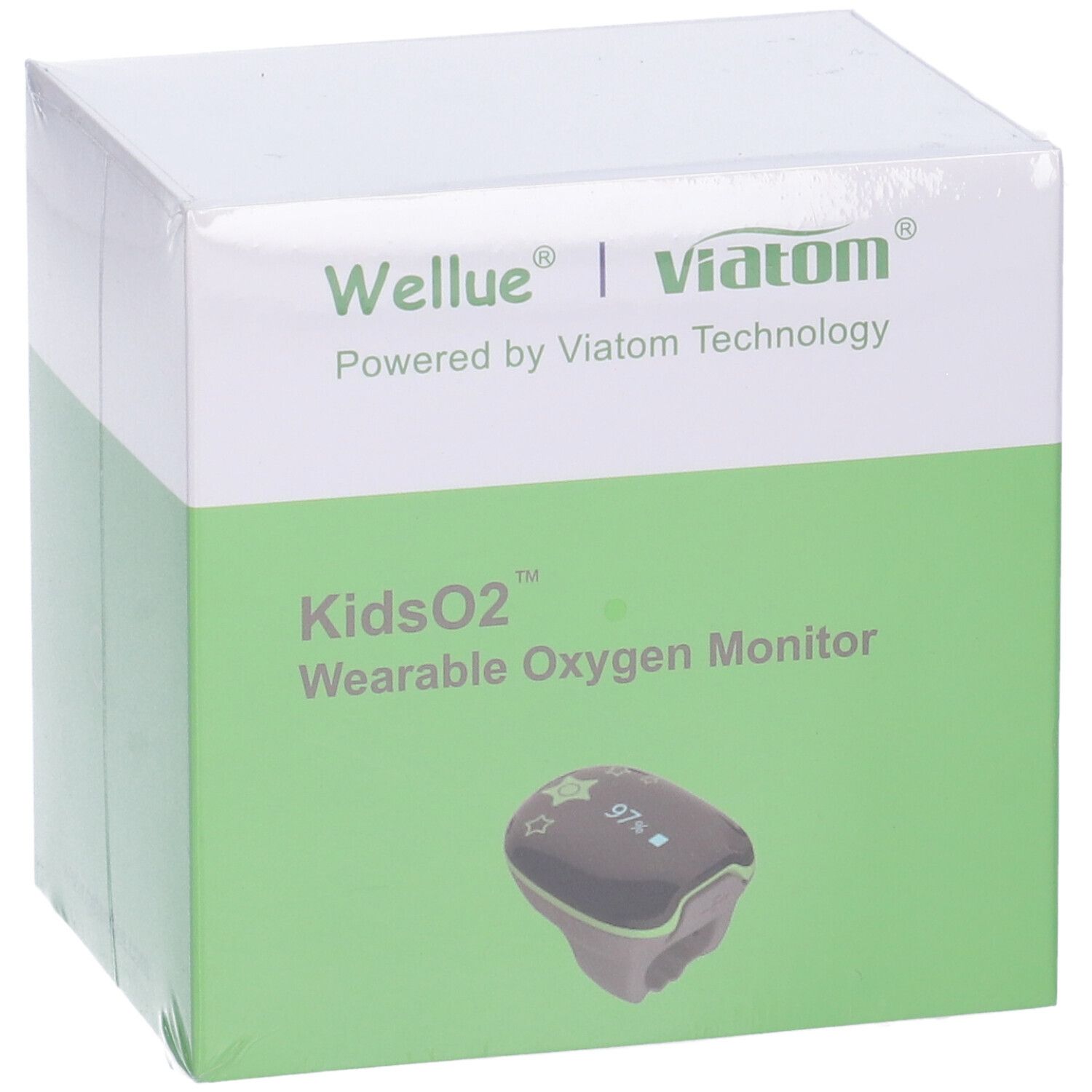 Confezione: Scatola bianca con campo verde. Testo: Wellue, Viatom, KidsO2, Wearable Oxygen Monitor. Monitor illustrato.