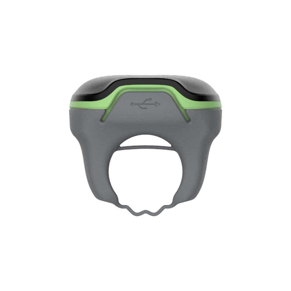 Retro di un anello grigio con porta USB. Parte superiore nera con bordo verde. A forma di anello.