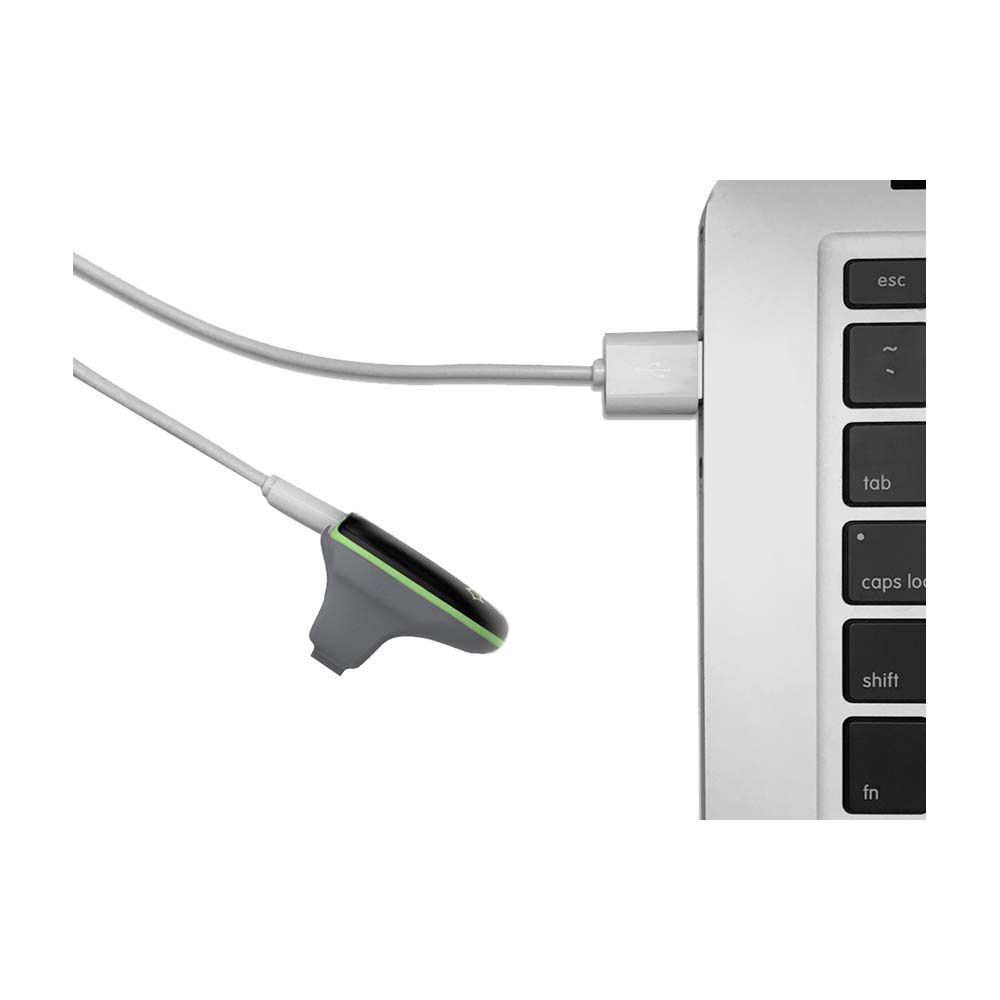 Monitor collegato a un laptop tramite cavo USB. Monitor al dito, cavo bianco.