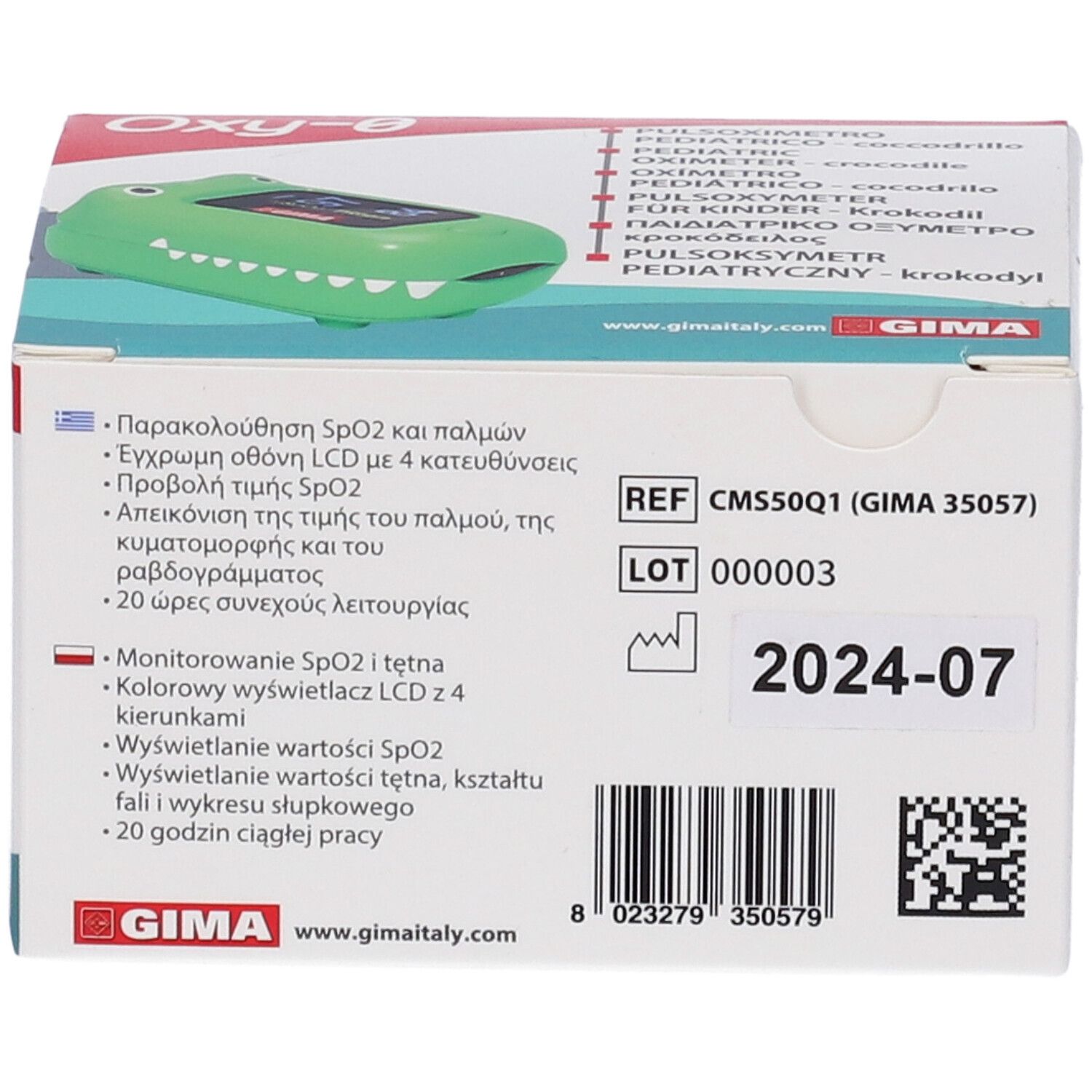 GIMA Pulsossimetro Pediatrico Oxy-0 - Coccodrillo - Gb,It,Es,De,Gr,Pl