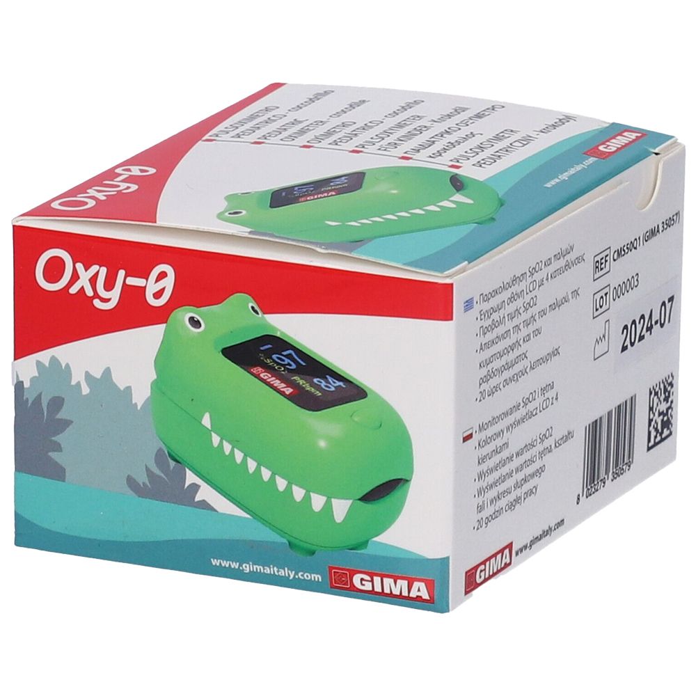 Confezione con pulsossimetro verde a forma di coccodrillo. Logo GIMA e nome prodotto Oxy-0 visibili.