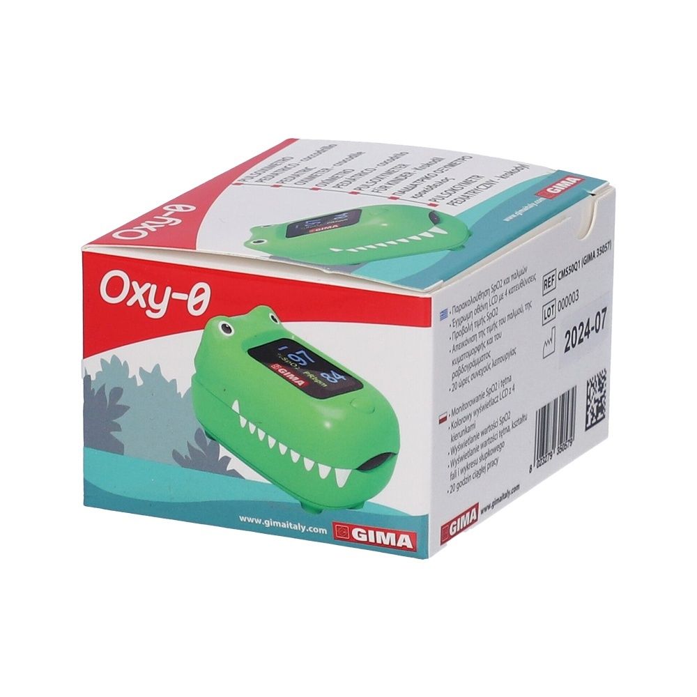 Confezione di Oxy-0. Pulsossimetro verde a forma di coccodrillo illustrato. Logo GIMA.