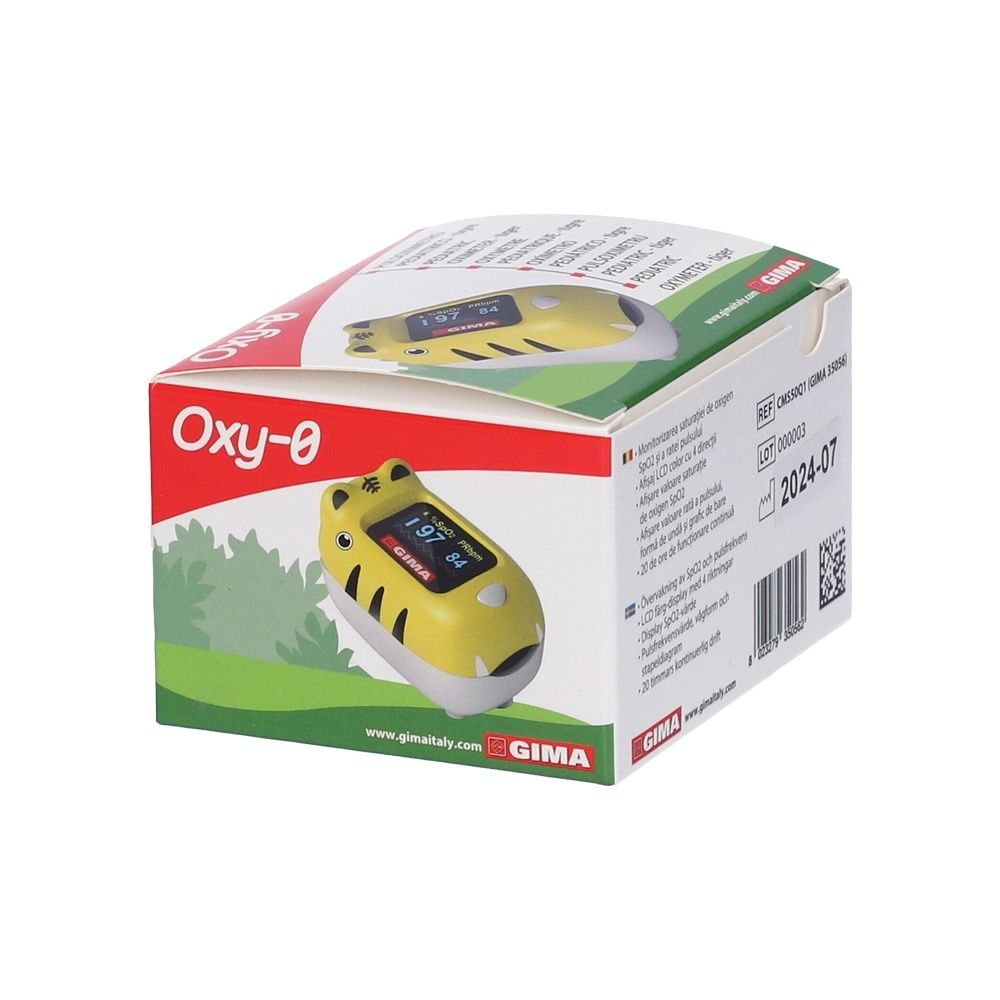 Confezione del pulsossimetro GIMA Oxy-0. Dispositivo a forma di tigre, display con valori.