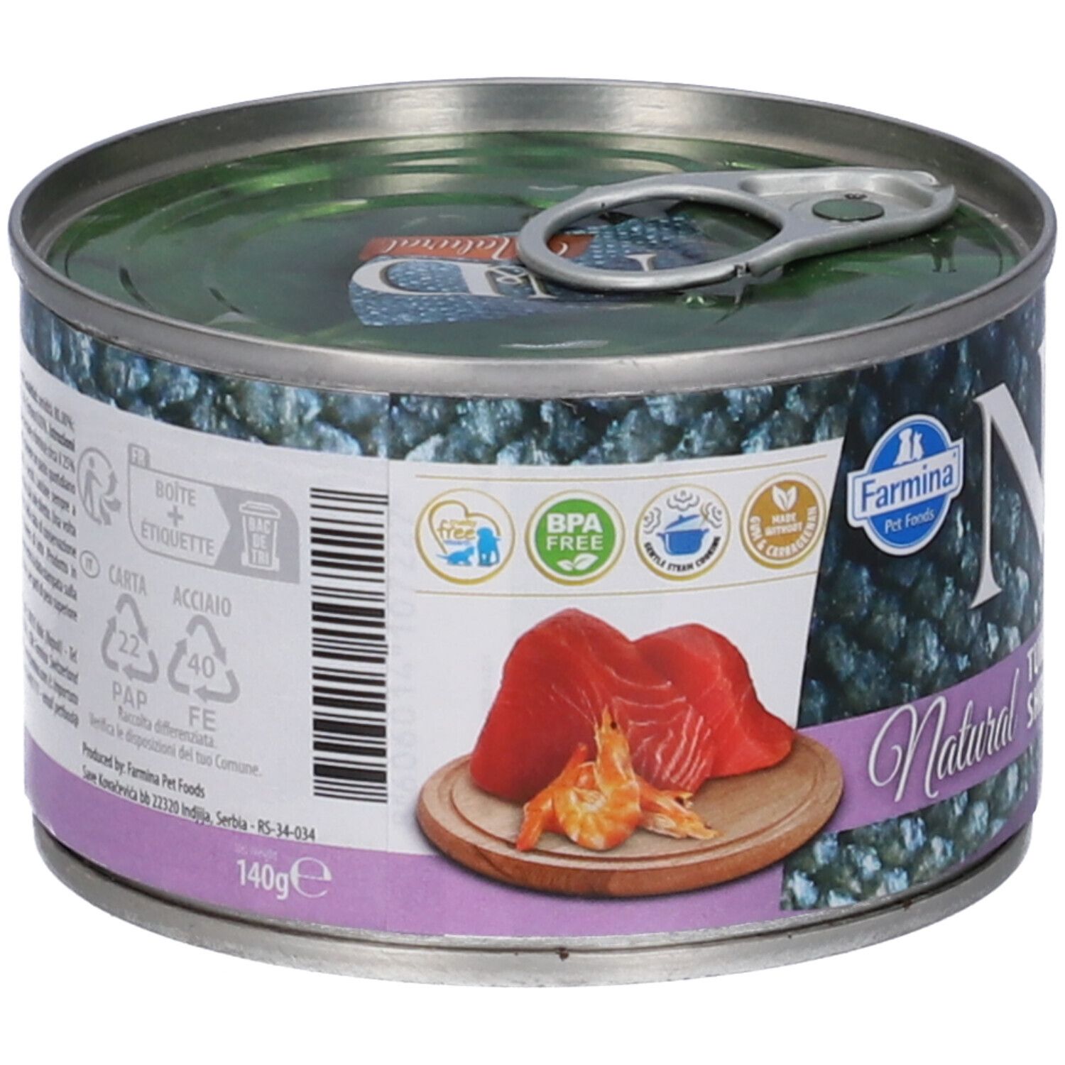 Lattina aperta Farmina N&D Natural Tonno & Gamberetti. Contenuto: tonno e gamberetti su tagliere.
