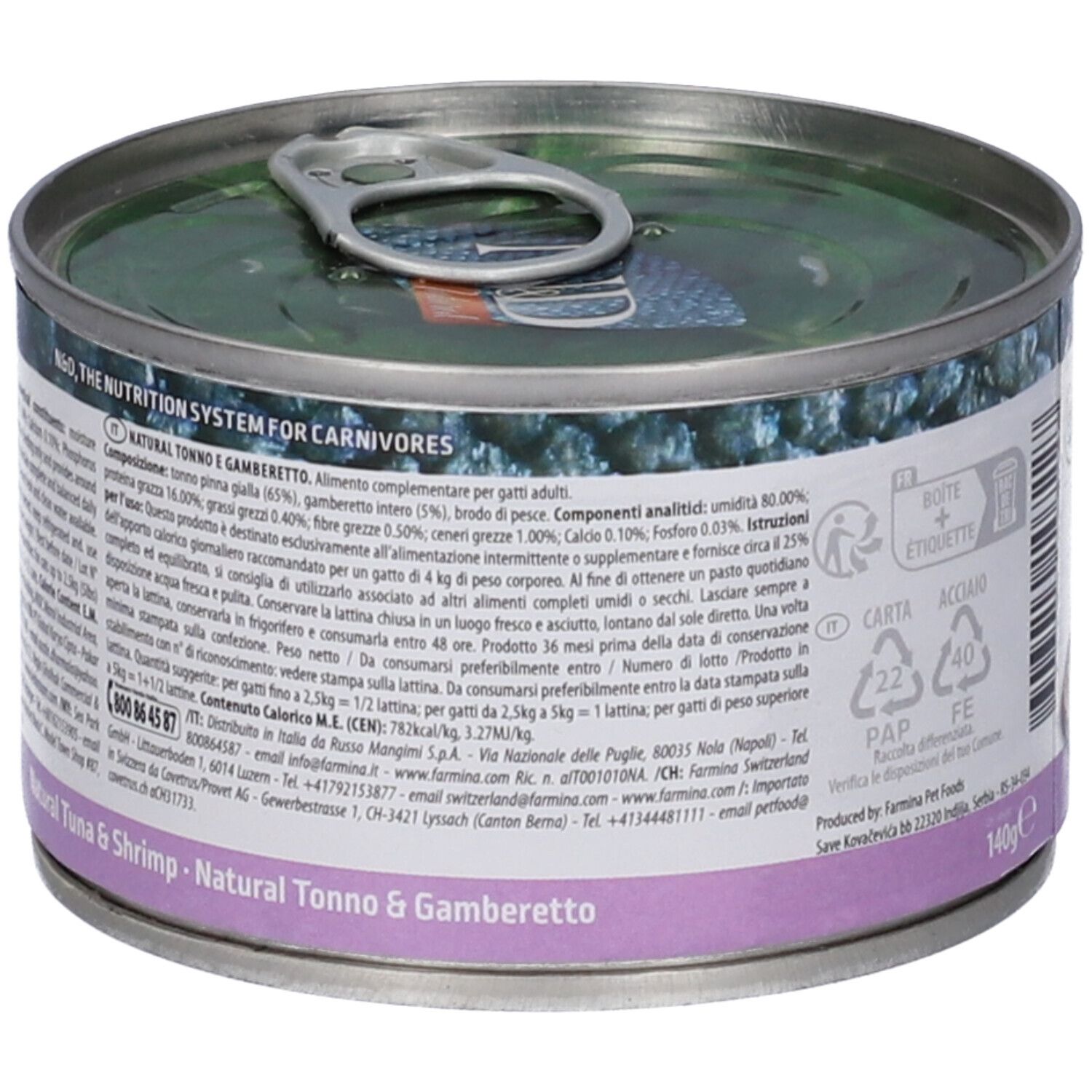 Retro della lattina Farmina N&D Natural Tonno & Gamberetti. Testo con ingredienti e valori nutrizionali.