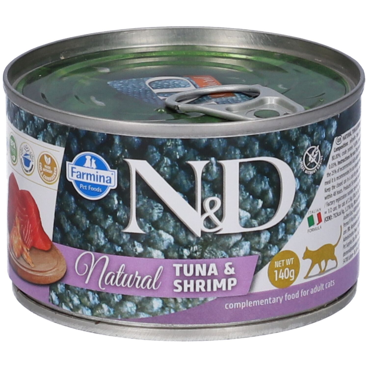 Lattina rotonda Farmina N&D Natural Tonno & Gamberetti. Scritta: 140g. Per gatti adulti.