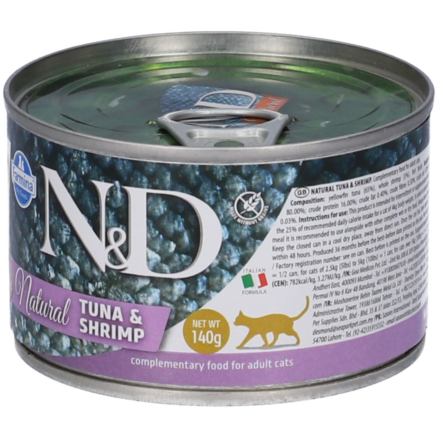 Lattina rotonda Farmina N&D Natural Tonno & Gamberetti. Scritta: 140g. Per gatti adulti.