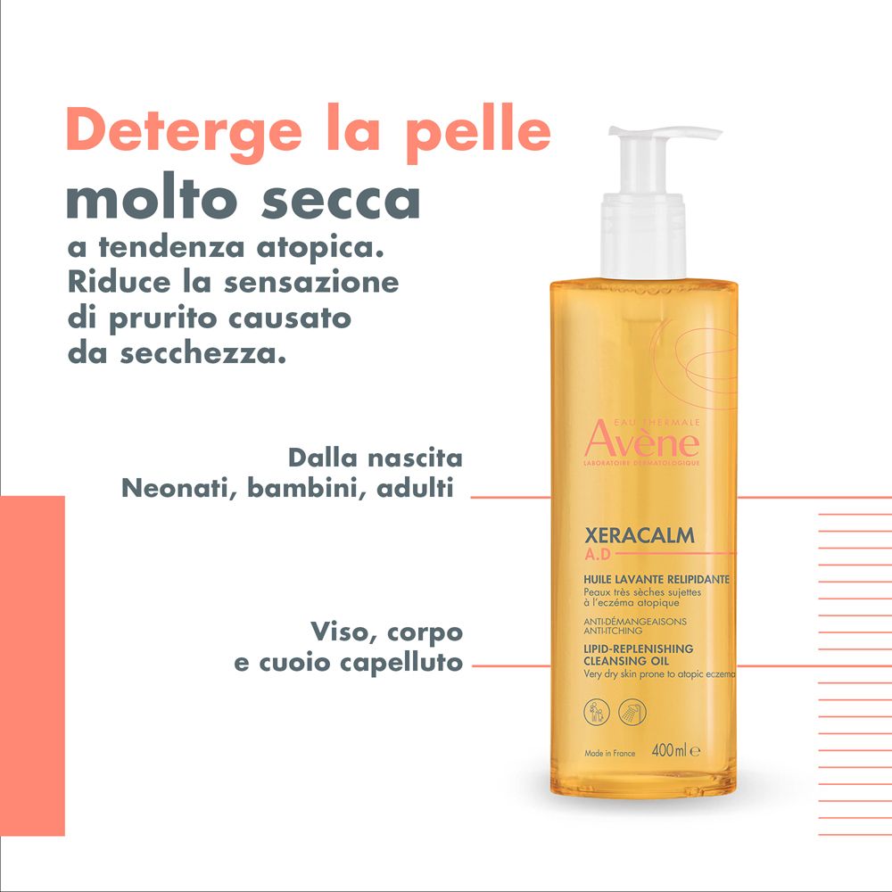 Flacone con testo. Testo: Deterge la pelle molto secca a tendenza atopica.