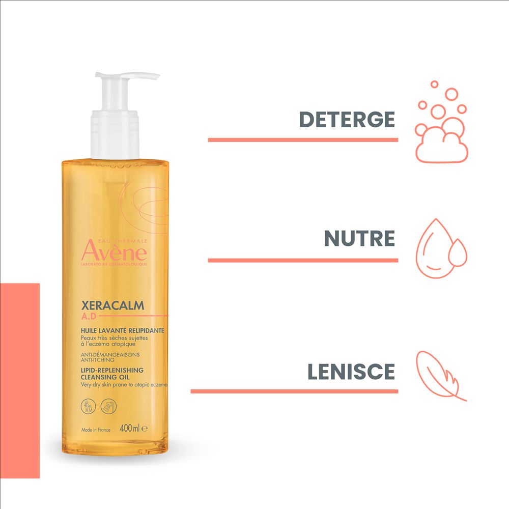 Flacone con testo. Testo: Deterge, Nutre, Lenisce.