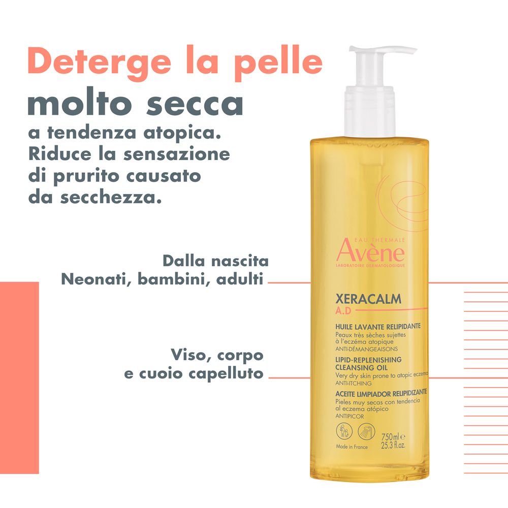 Flacone con testo. Scritta: Avène, Xeracalm A.D. Olio. Per pelli molto secche.