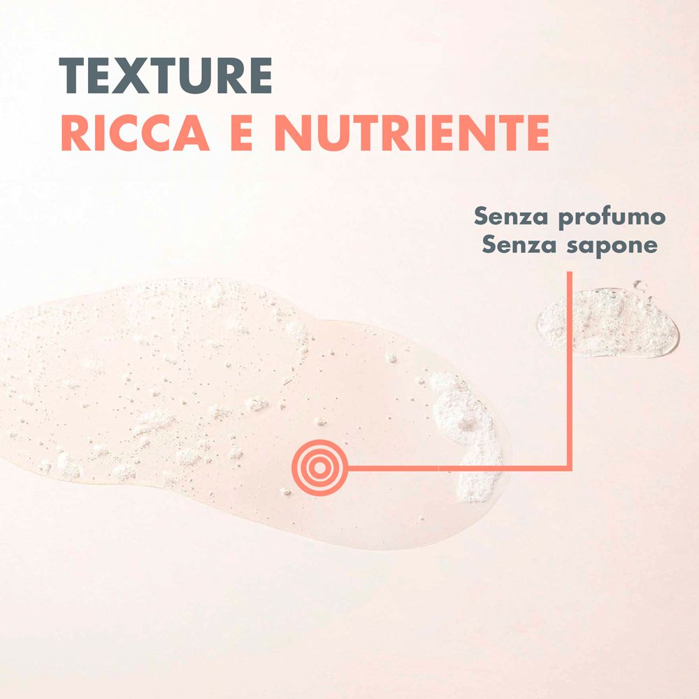Illustrazione della texture. Scritta: Ricca e nutriente. Senza profumo, senza sapone.