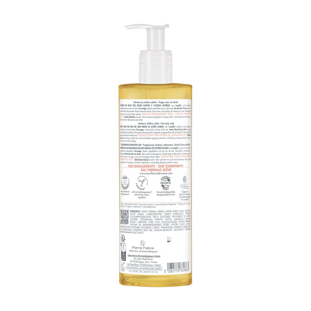 Retro del flacone. Scritta: Avène, Xeracalm A.D. Olio. Ingredienti, utilizzo.