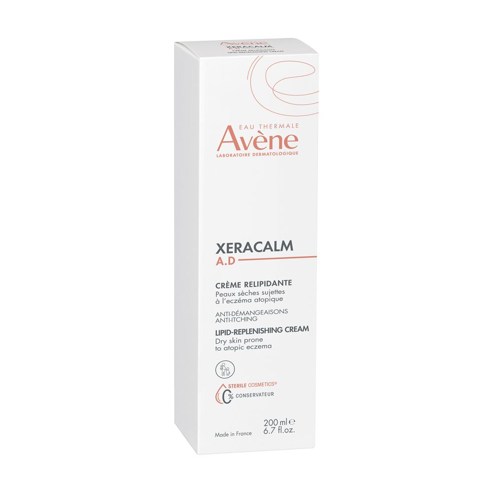 Confezione bianca Avène Xeracalm A.D. Crema. Scritte in inglese e francese. 200ml.