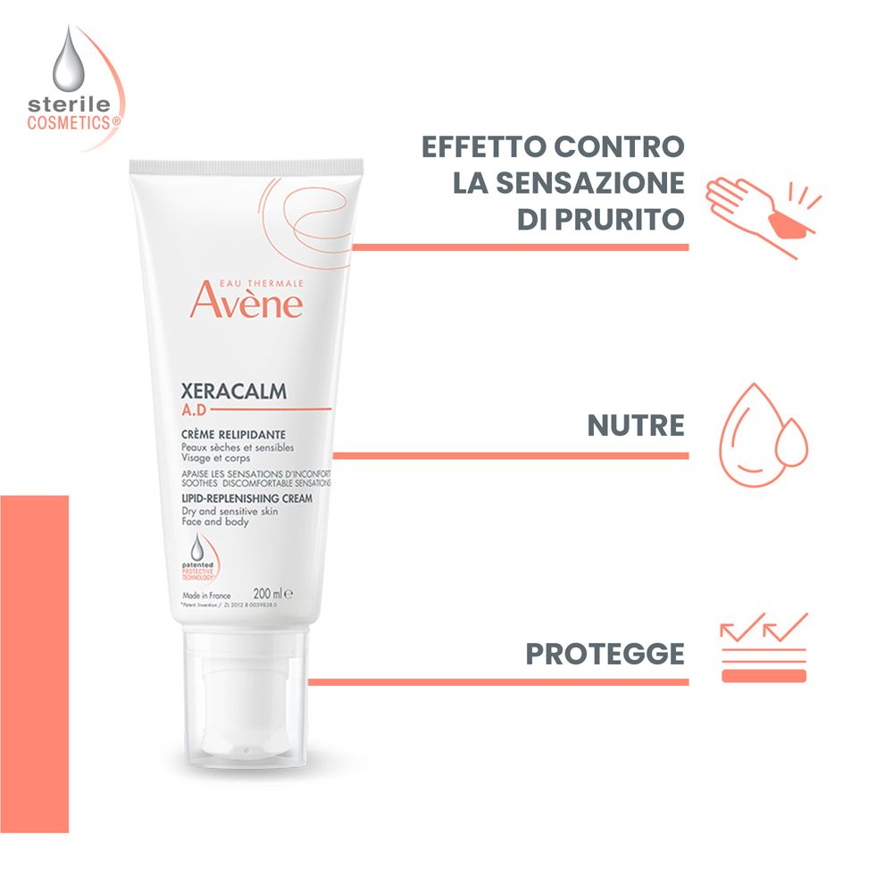 Tubo e icone. Marchio Eau Thermale Avène, Xeracalm A.D. Crema. Contro il prurito, nutre e protegge la pelle.