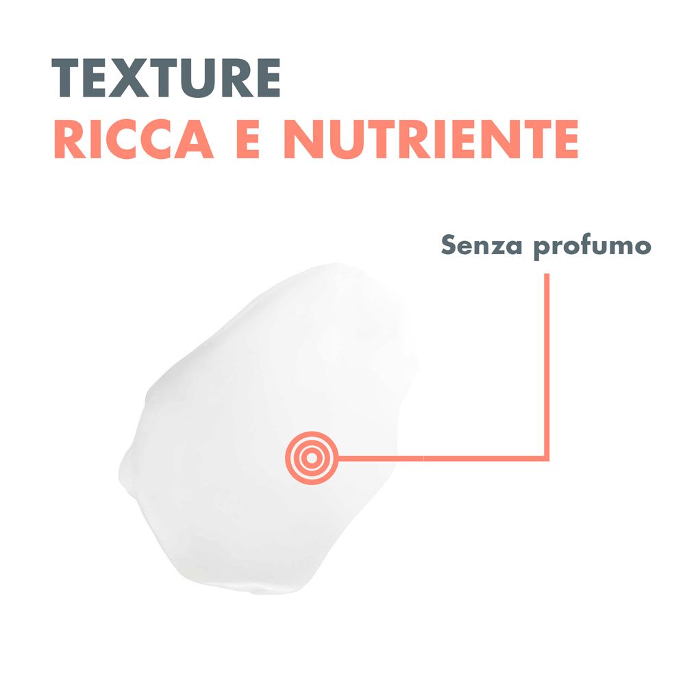 Primo piano di crema. Testo: Texture ricca e nutriente. Senza profumo.