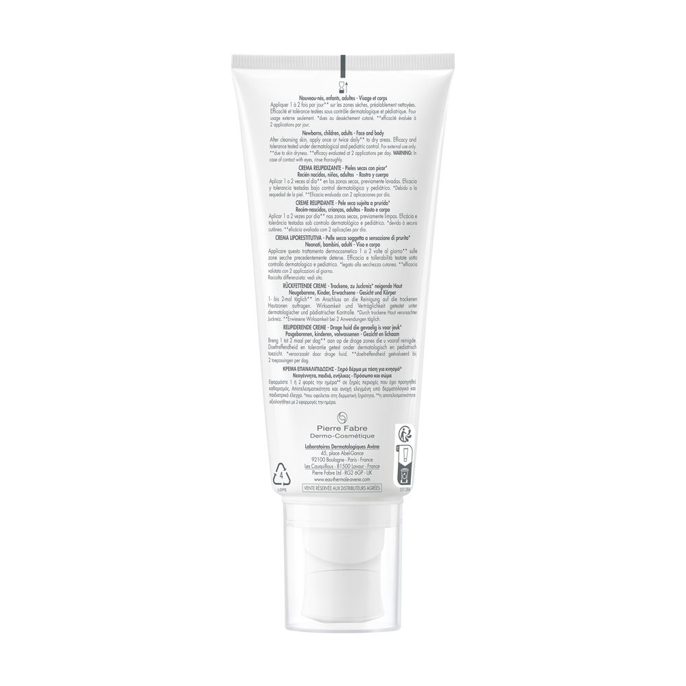 Retro del tubo. Testo multilingue. Eau Thermale Avène, Xeracalm A.D. Crema. Cosmetico sterile.