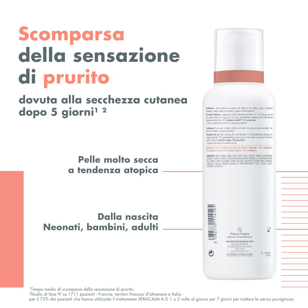Retro della crema Avène XeraCalm A.D. Testo: Pelle secca, tendenza atopica. Per neonati, bambini, adulti.