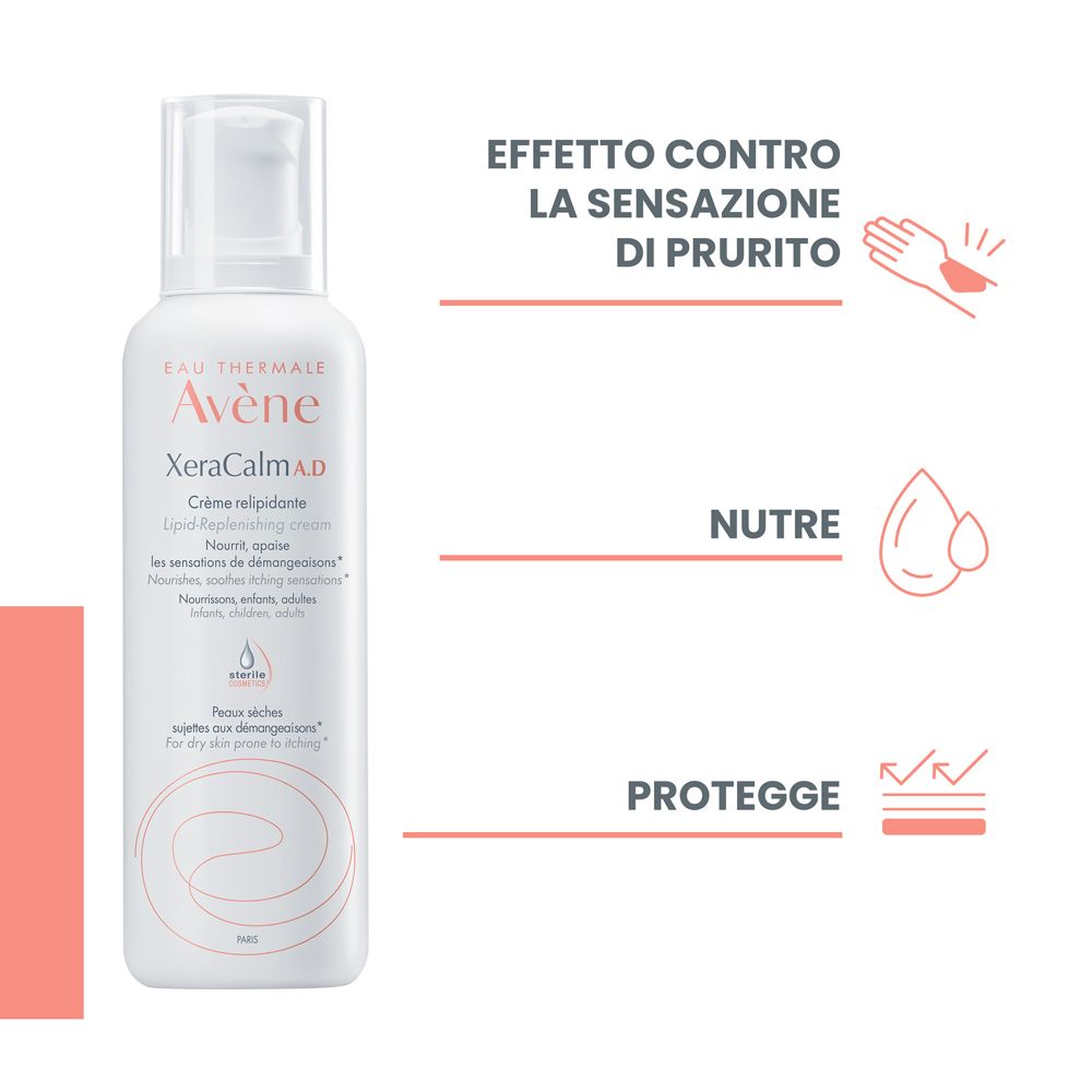 Avène XeraCalm A.D. Crema. Testo: Contro il prurito, nutre, protegge. Con illustrazioni.