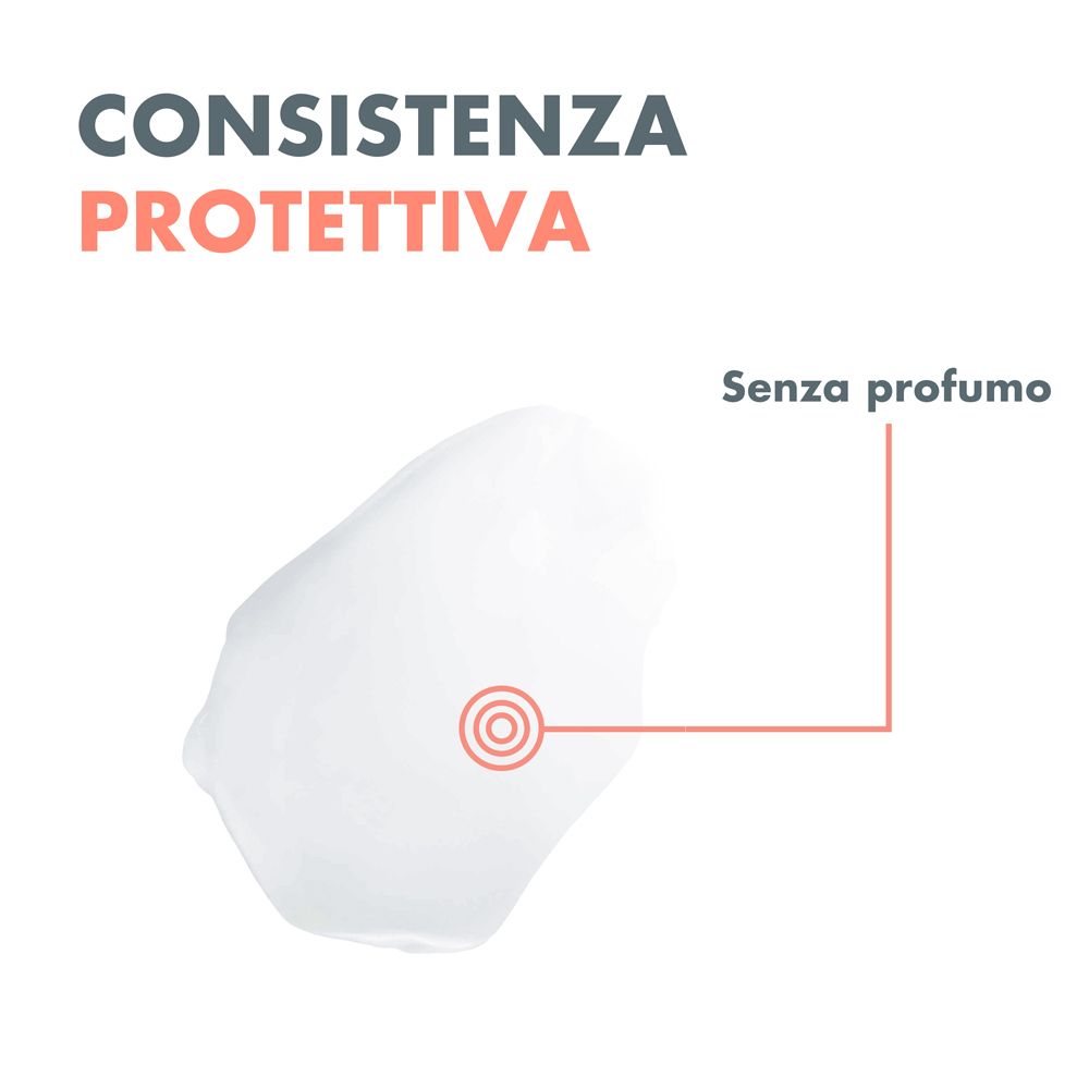 Testo: Consistenza protettiva. Senza profumo. Illustrazione di una texture crema.
