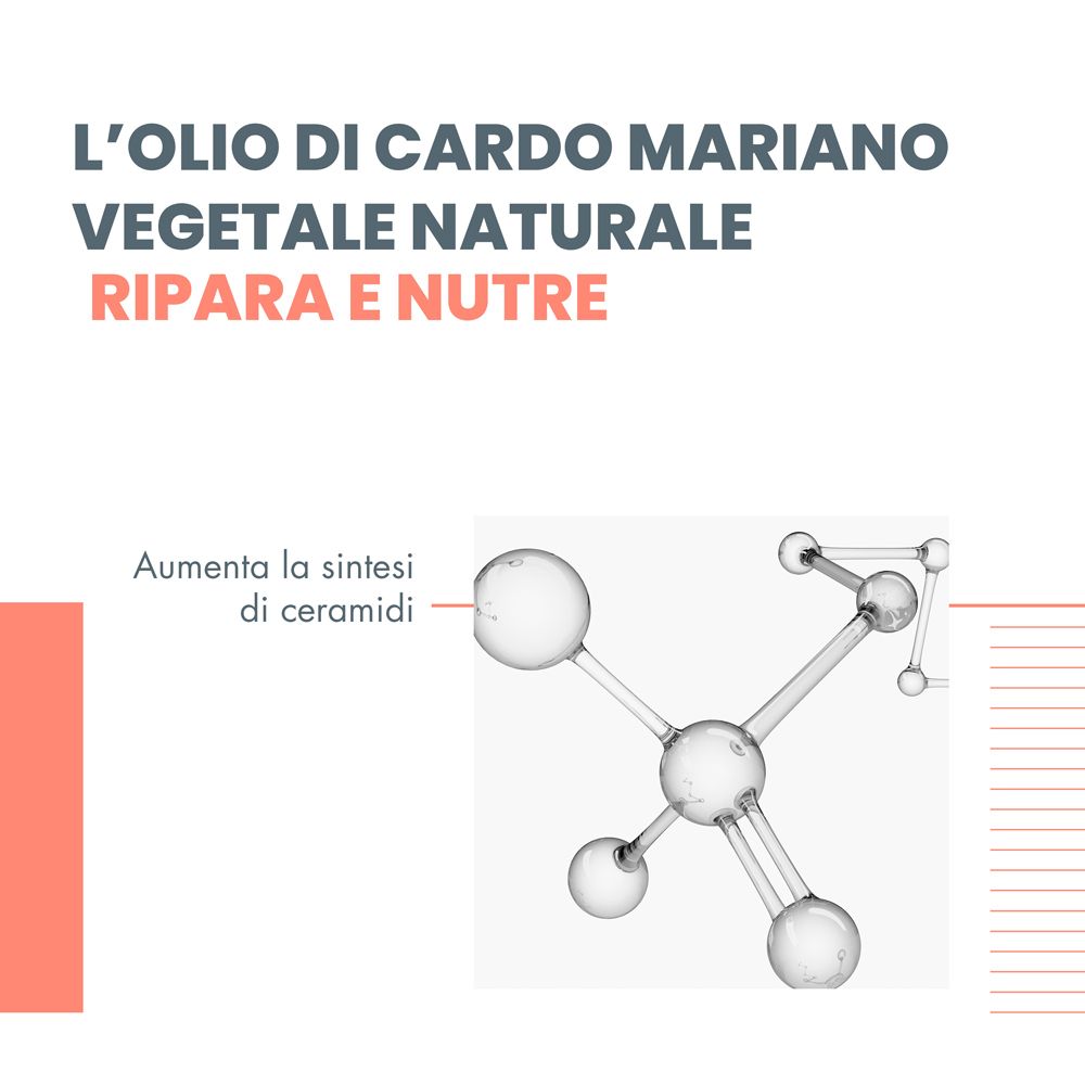 Testo: Olio di cardo mariano, ripara e nutre. Illustrazione di molecole.