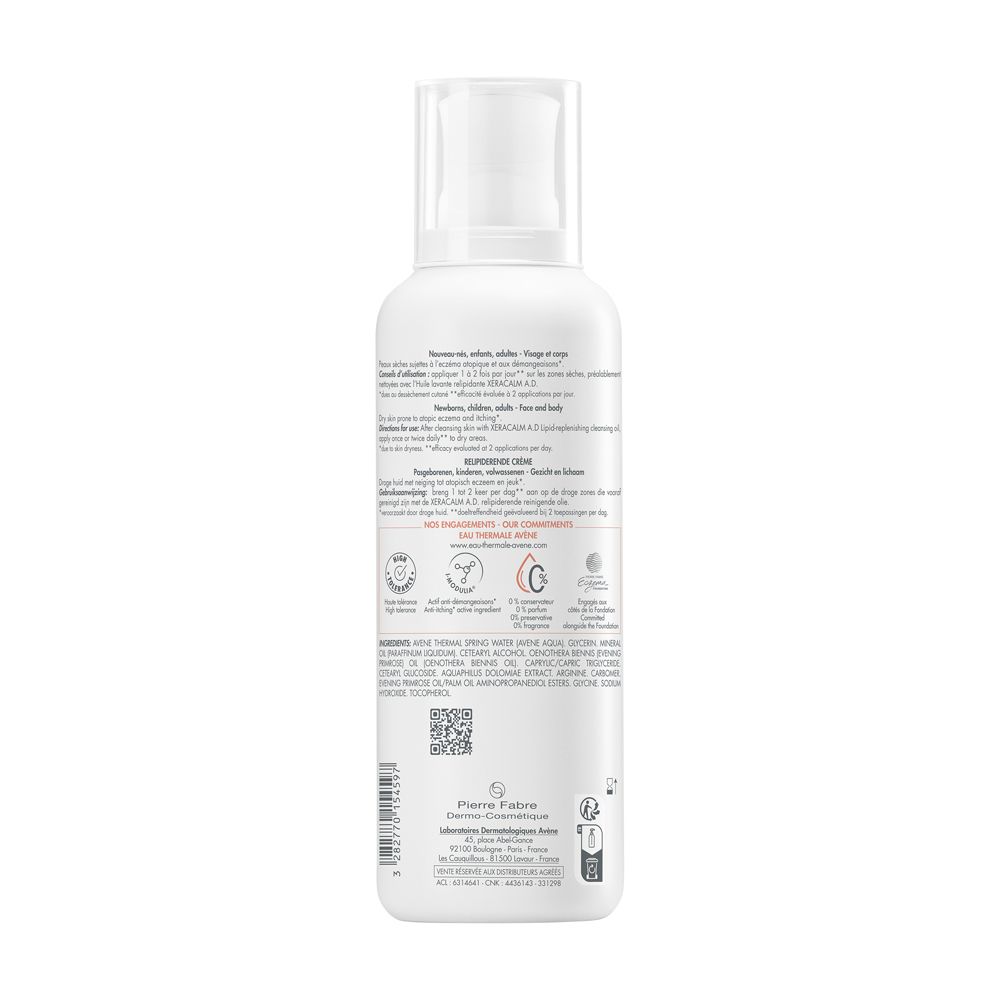 Retro della crema Avène XeraCalm A.D. Testo e informazioni sul prodotto.
