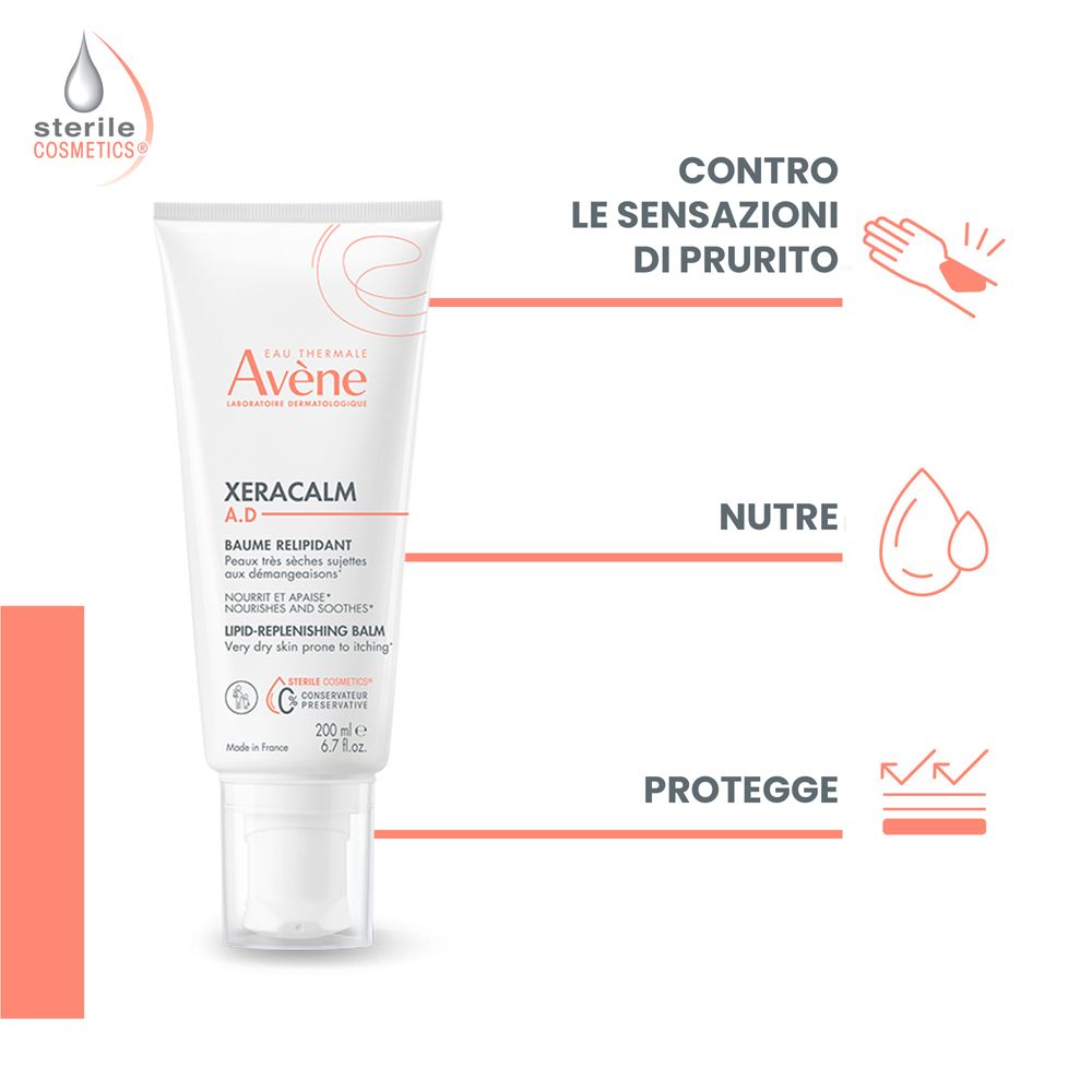 Grafica con prodotto e icone: controllo prurito, nutre, protegge. Prodotto: Eau Thermale Avène Xeracalm A.D. Balsamo.