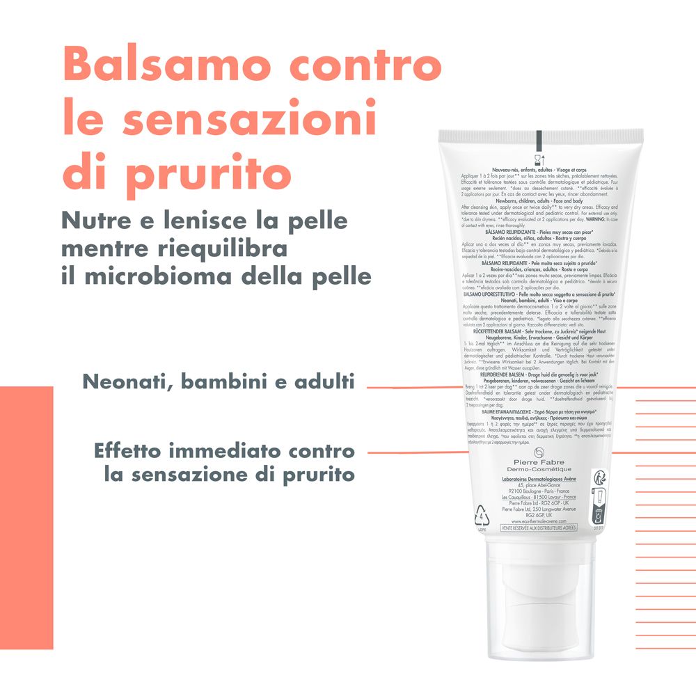 Retro del tubo. Testo: Balsamo contro le sensazioni di prurito. Per neonati, bambini e adulti. Effetto immediato.