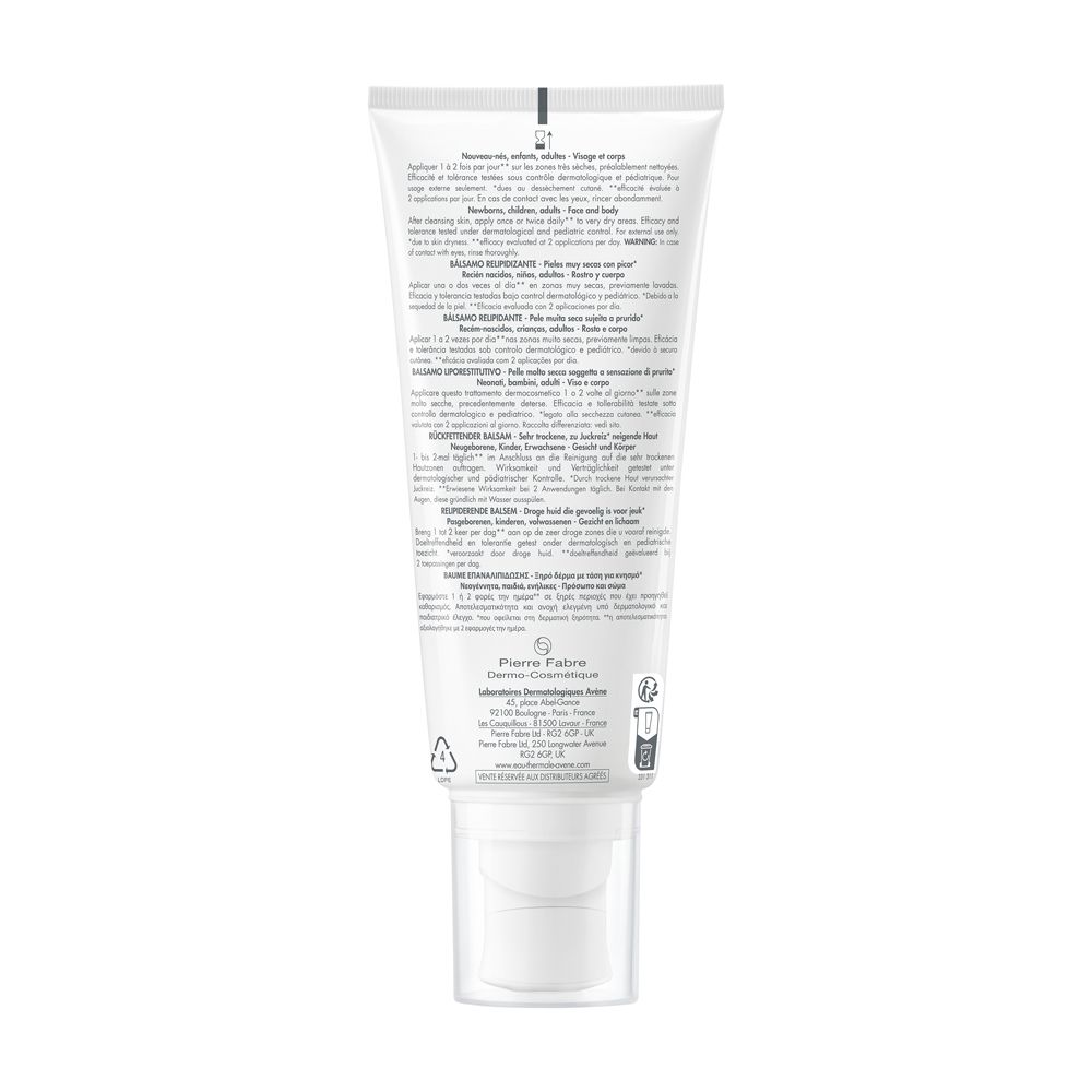 Retro del tubo. Testo e ingredienti. Marchio Pierre Fabre. Cosmetico sterile. Per viso e corpo.