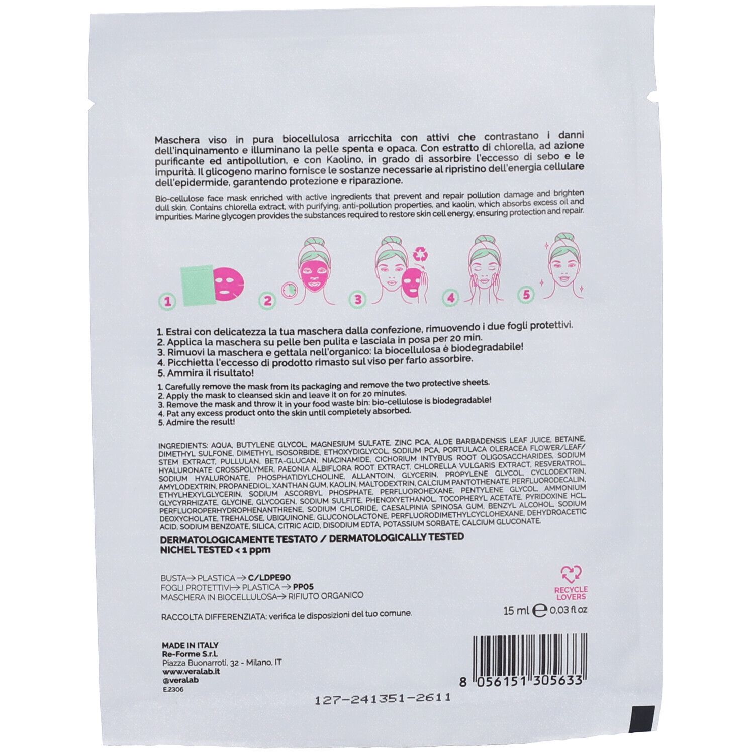 Retro della confezione con testo, istruzioni e ingredienti. Illustrazioni. 15 ml. Simbolo di riciclo.