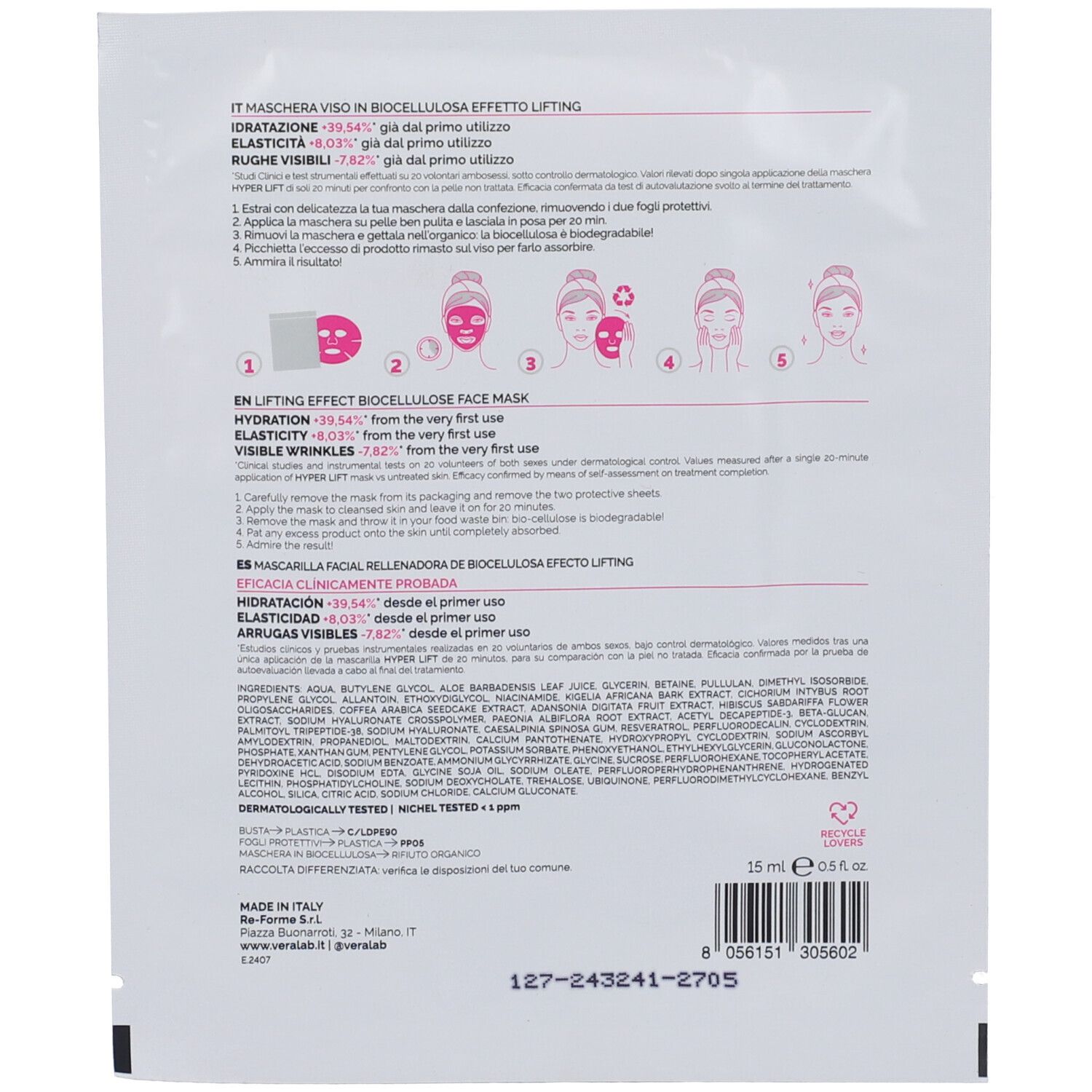 Retro della confezione bianca. Testo: istruzioni per l'uso, ingredienti, efficacia clinicamente testata. Contiene 15 ml.